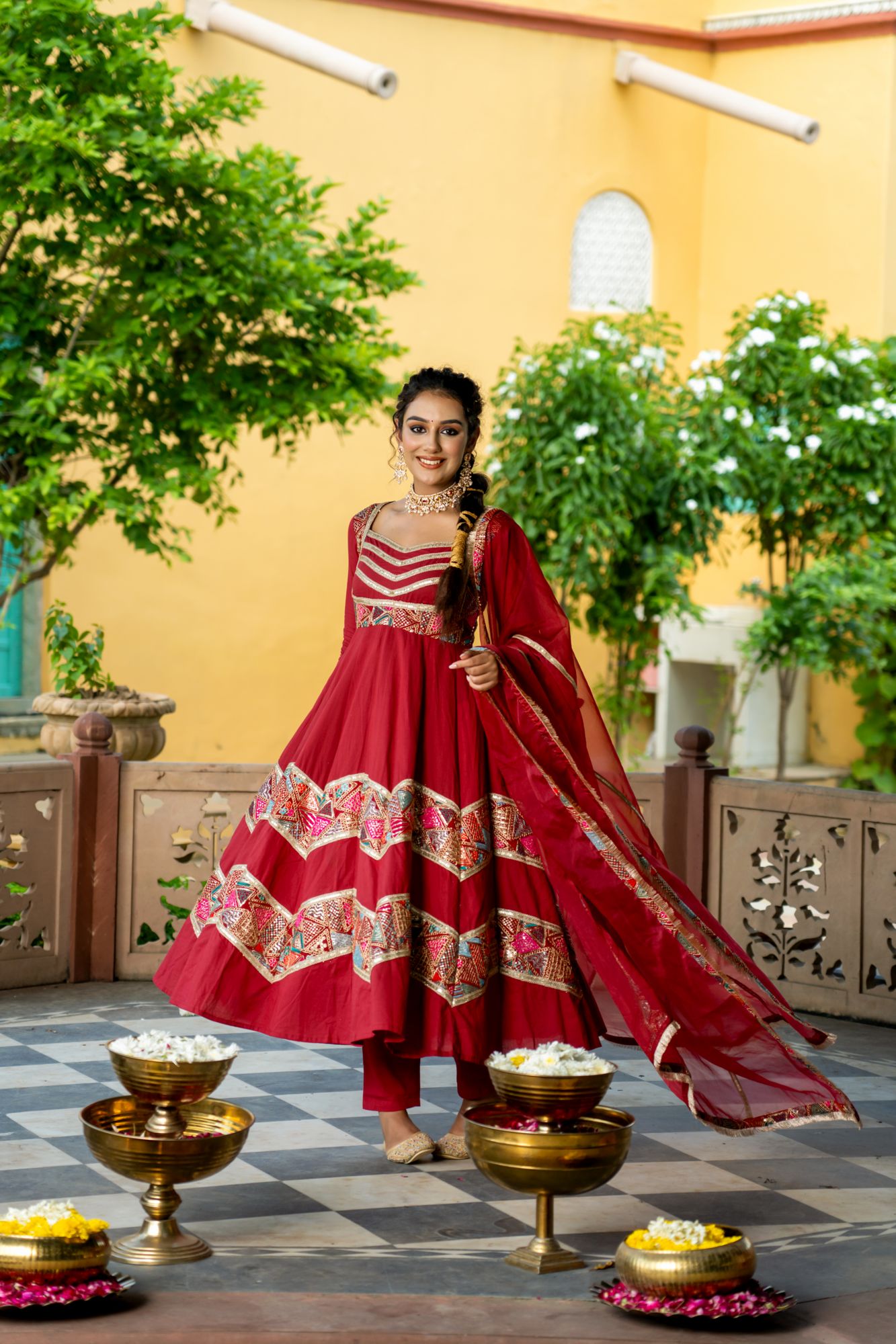 LUXE MAROON EMBROIDERED ANARKALI SUIT SET