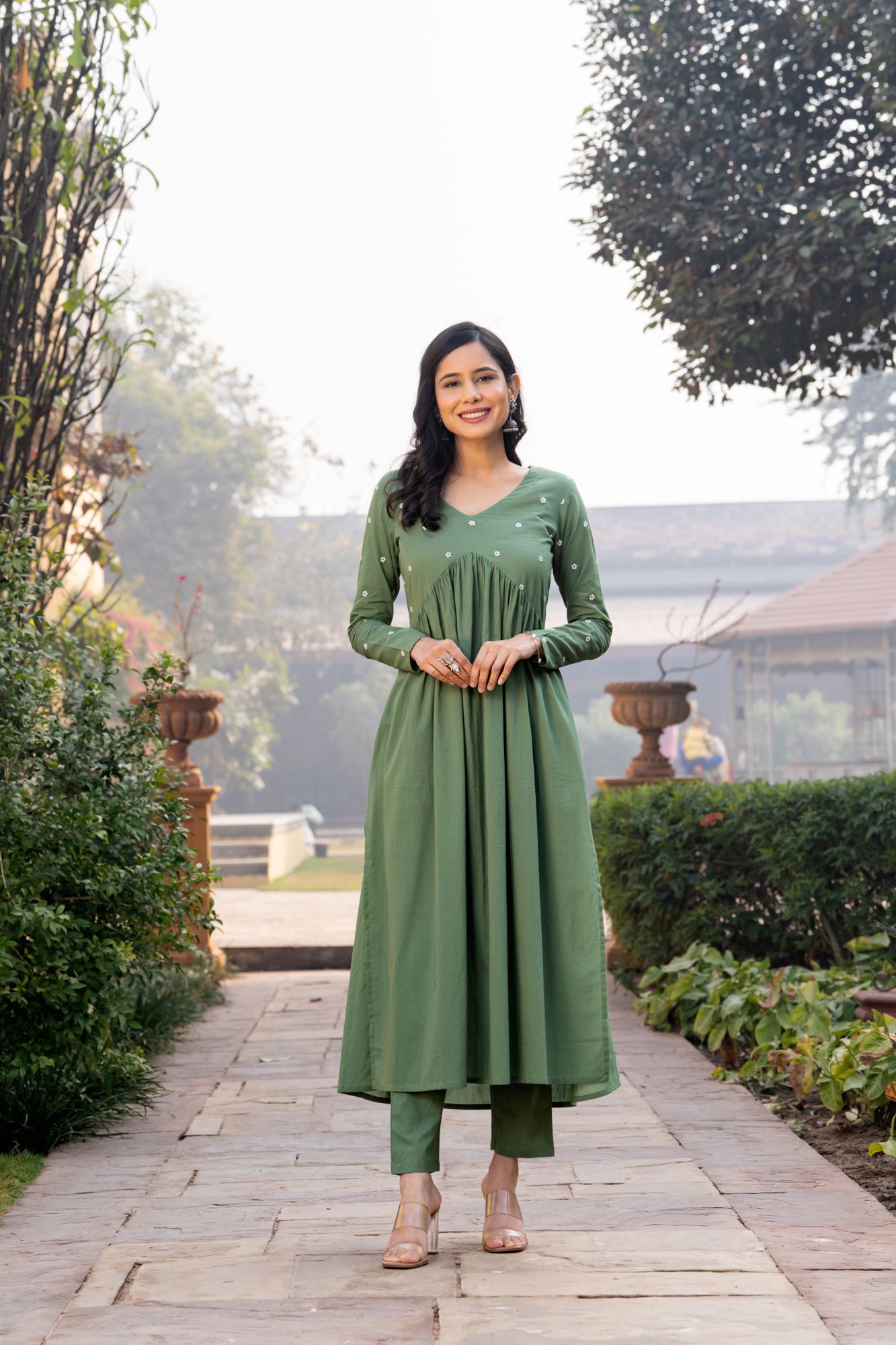 OLIVE EMBROIDERY KURTA SET