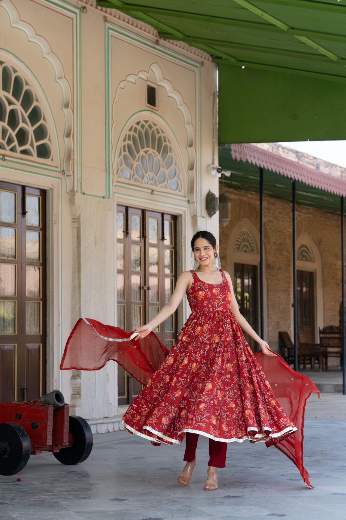 RED BLOSSOM COTTON ANARKALI SUIT SET