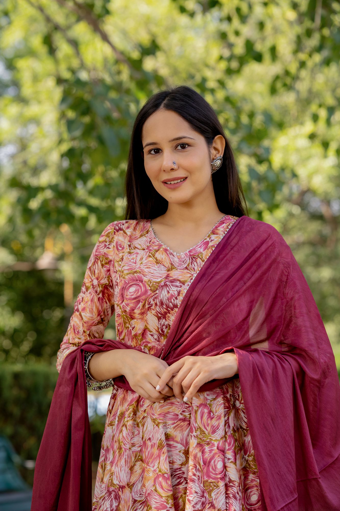 GOTA-ADORNED WINE ANARKALI SUIT SET