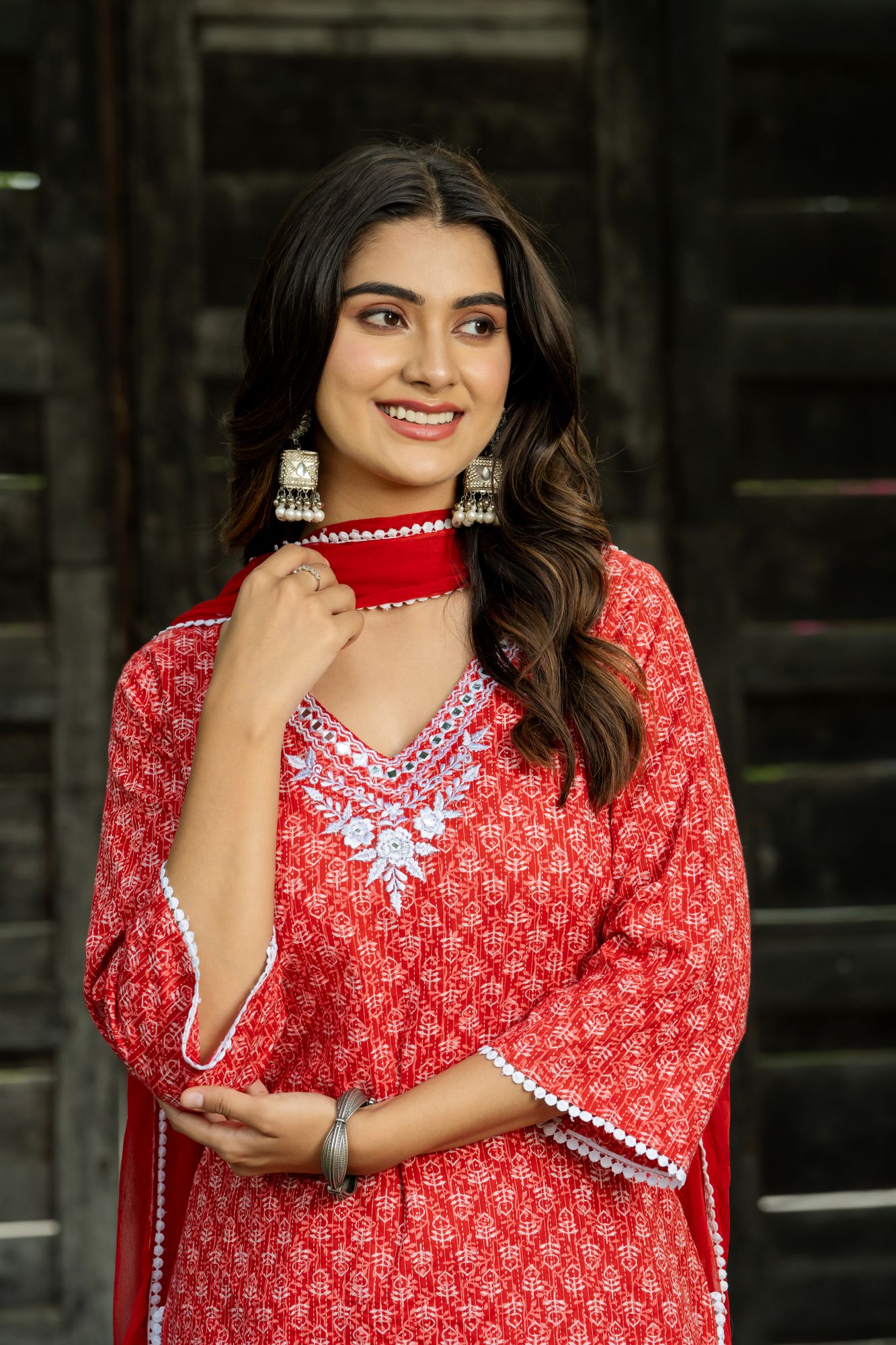 RED EMBROIDERED KANTHA KURTA SET