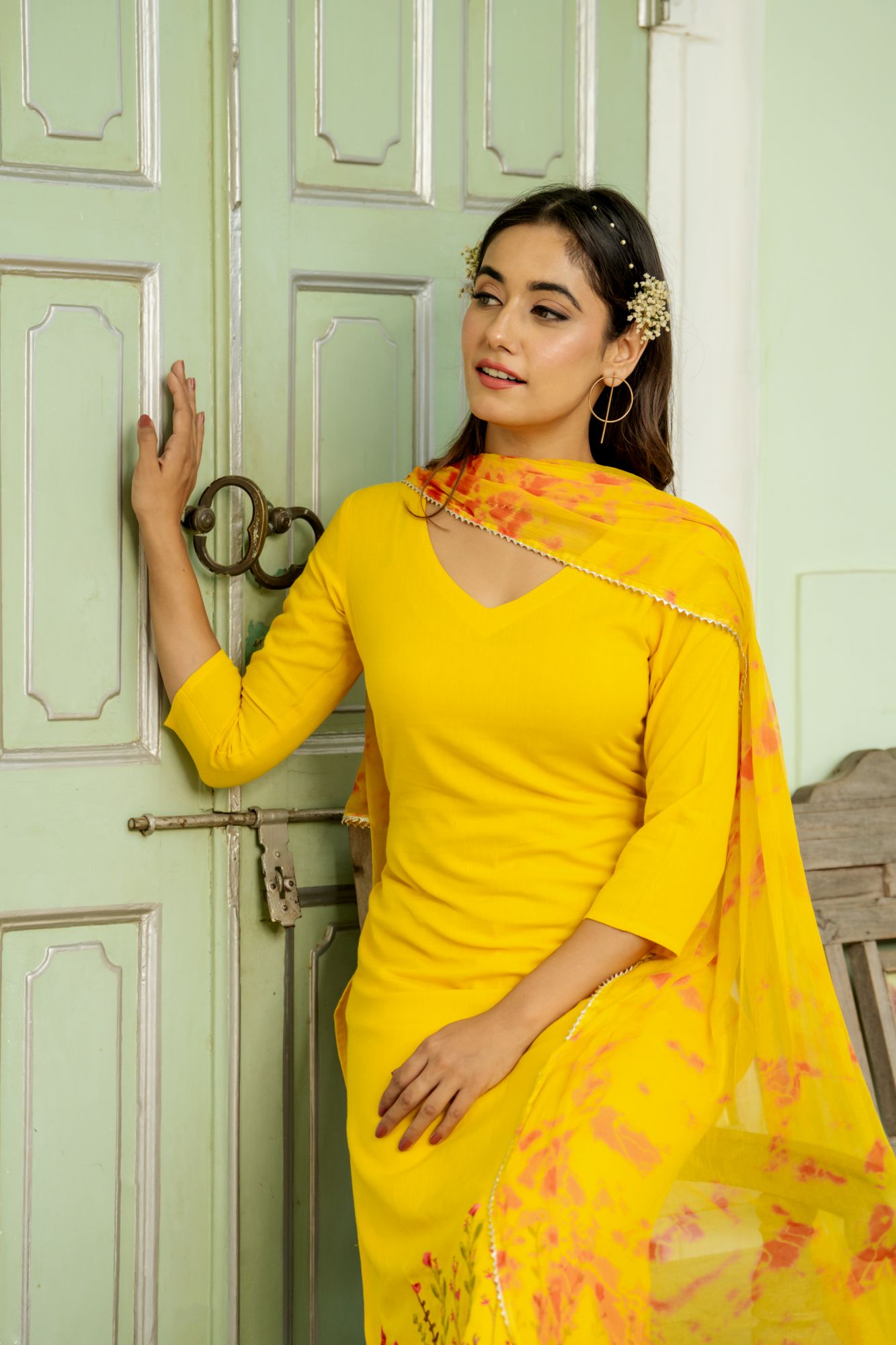 BRIGHT MUSTARD EMBROIDERY PALAZZO SET