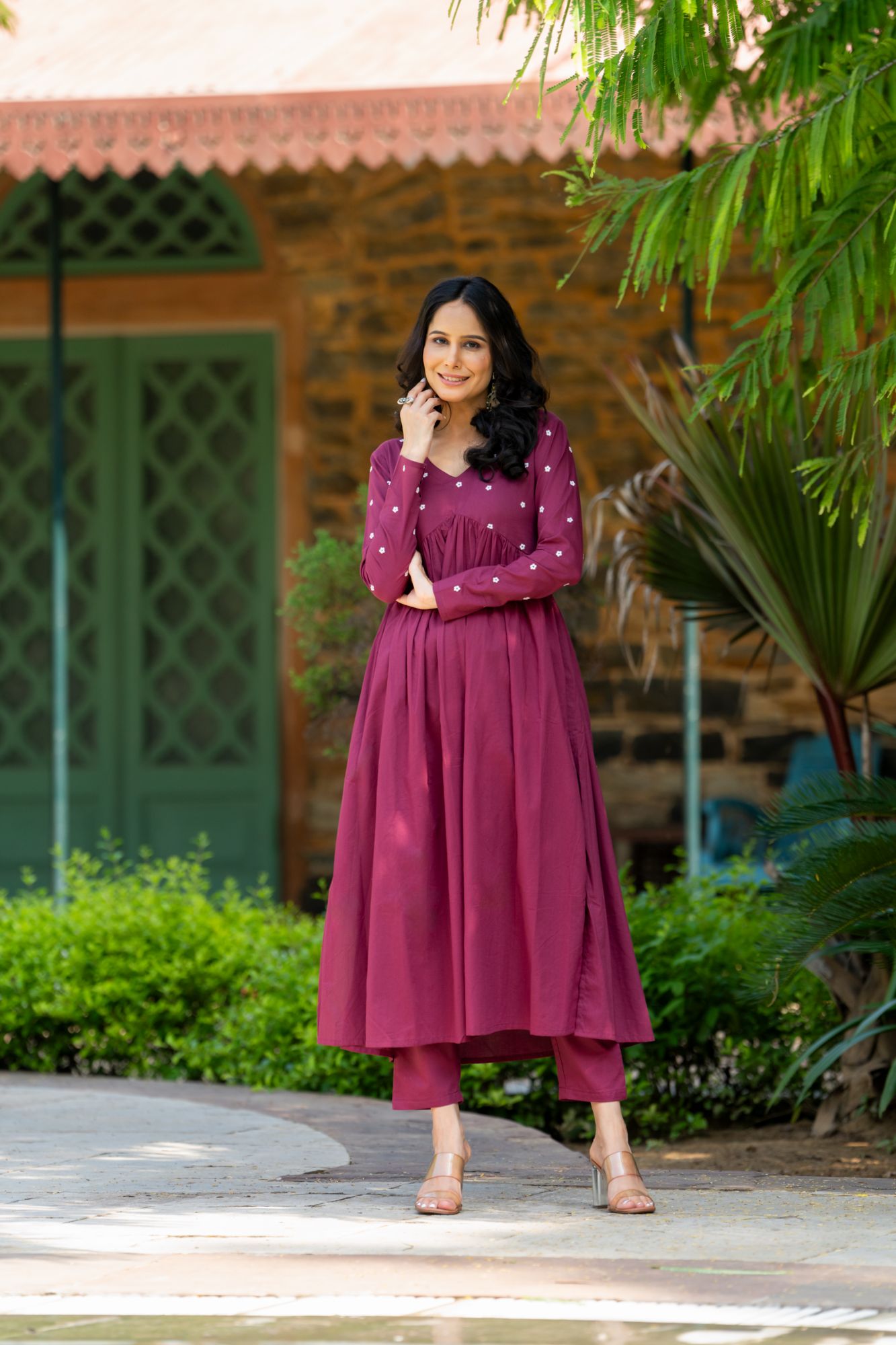 WINE EMBROIDERY KURTA SET