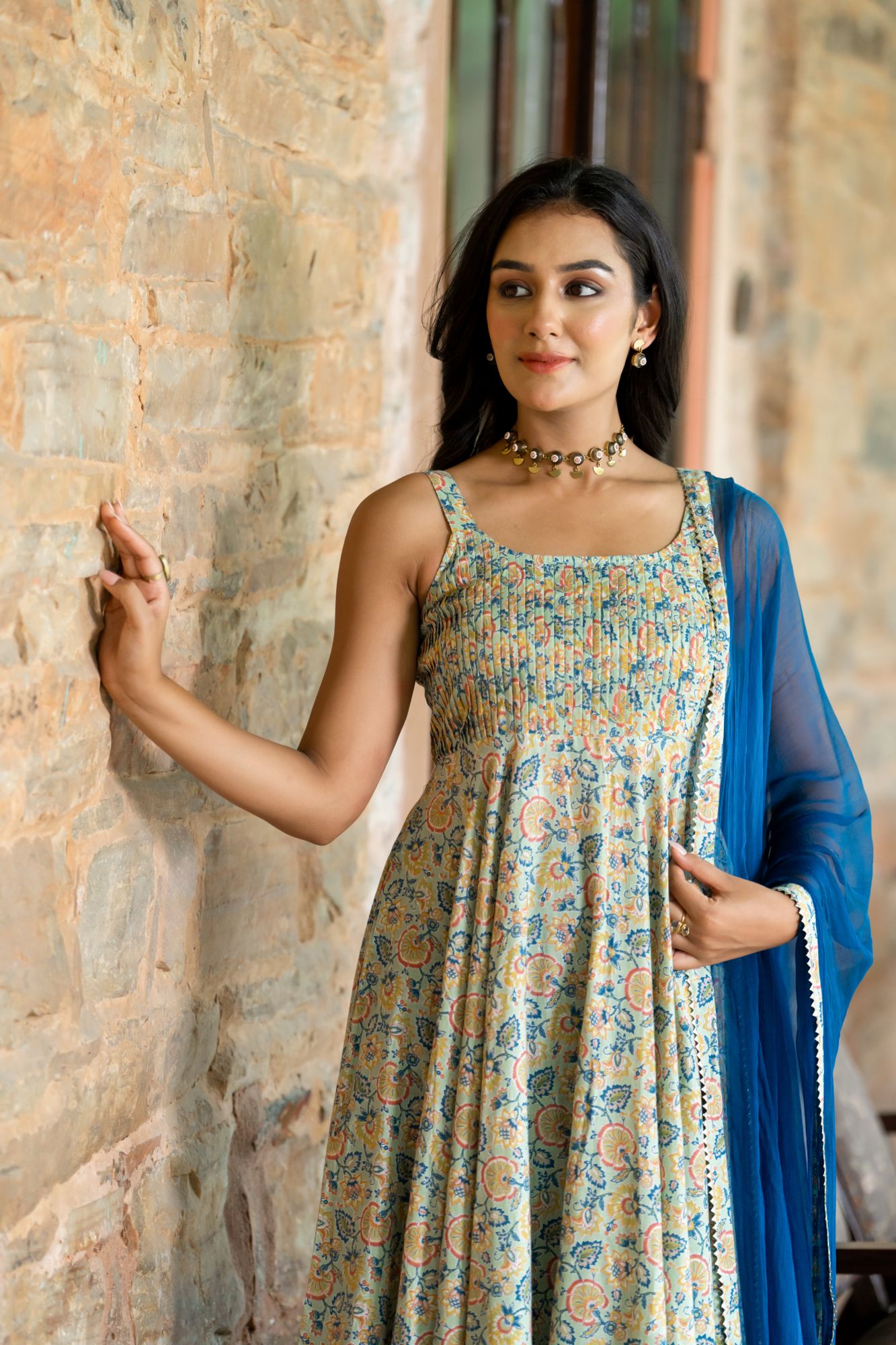 TEAL BLOOM ANARKALI SUIT SET