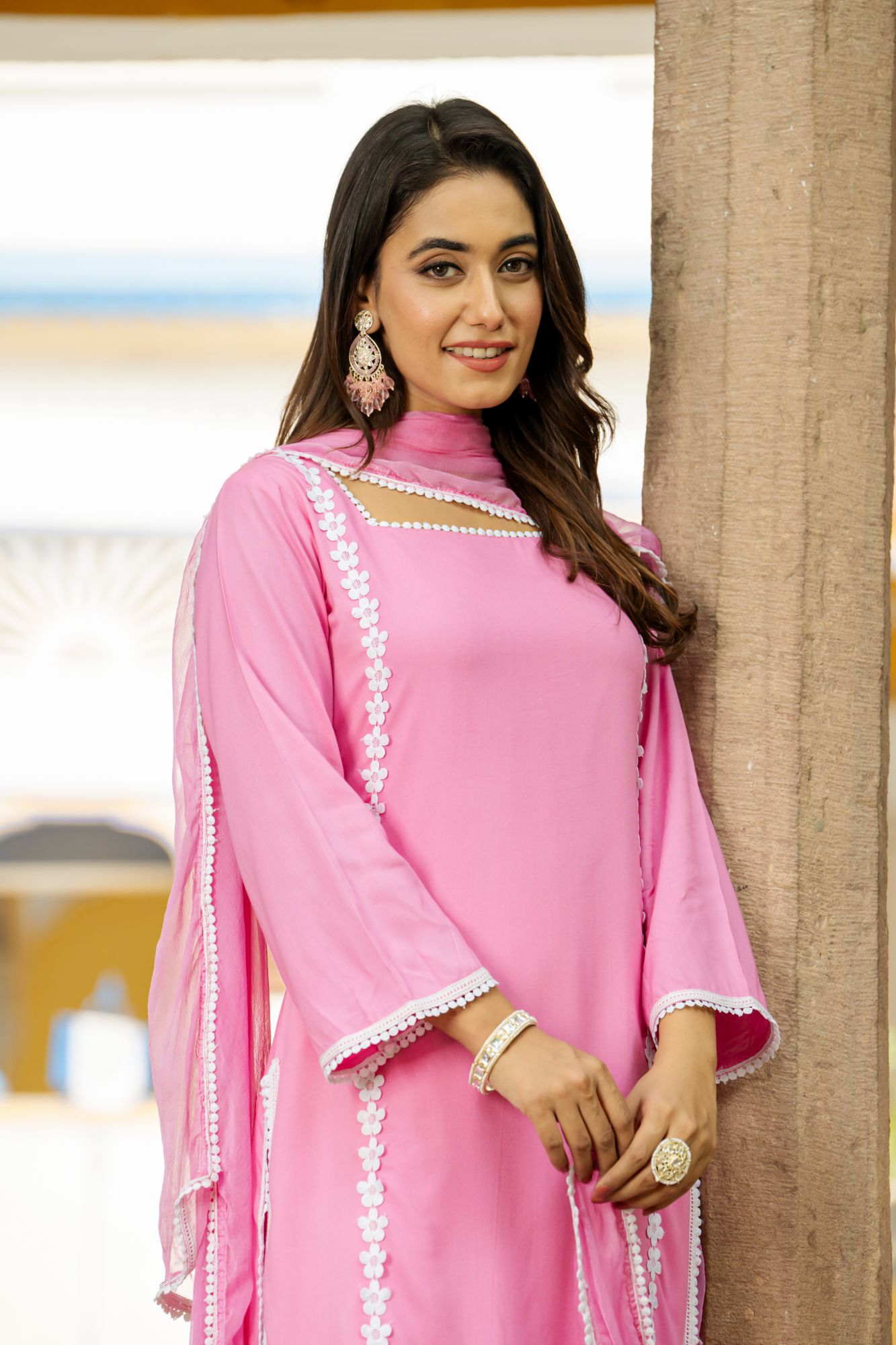 CLASSIC PINK LACE KURTA SET
