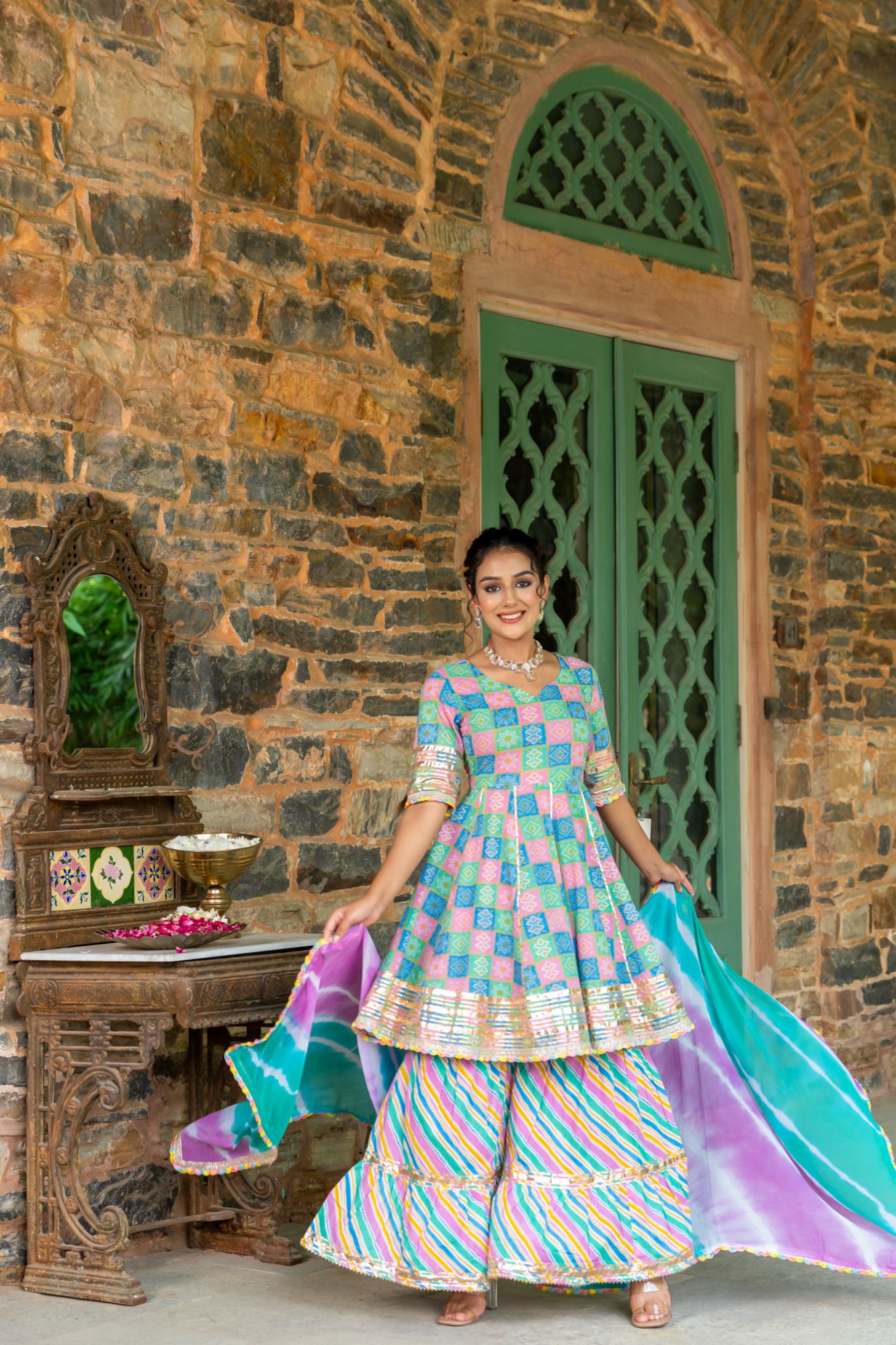 LUXE BLUE BANDHANI SHARARA SET