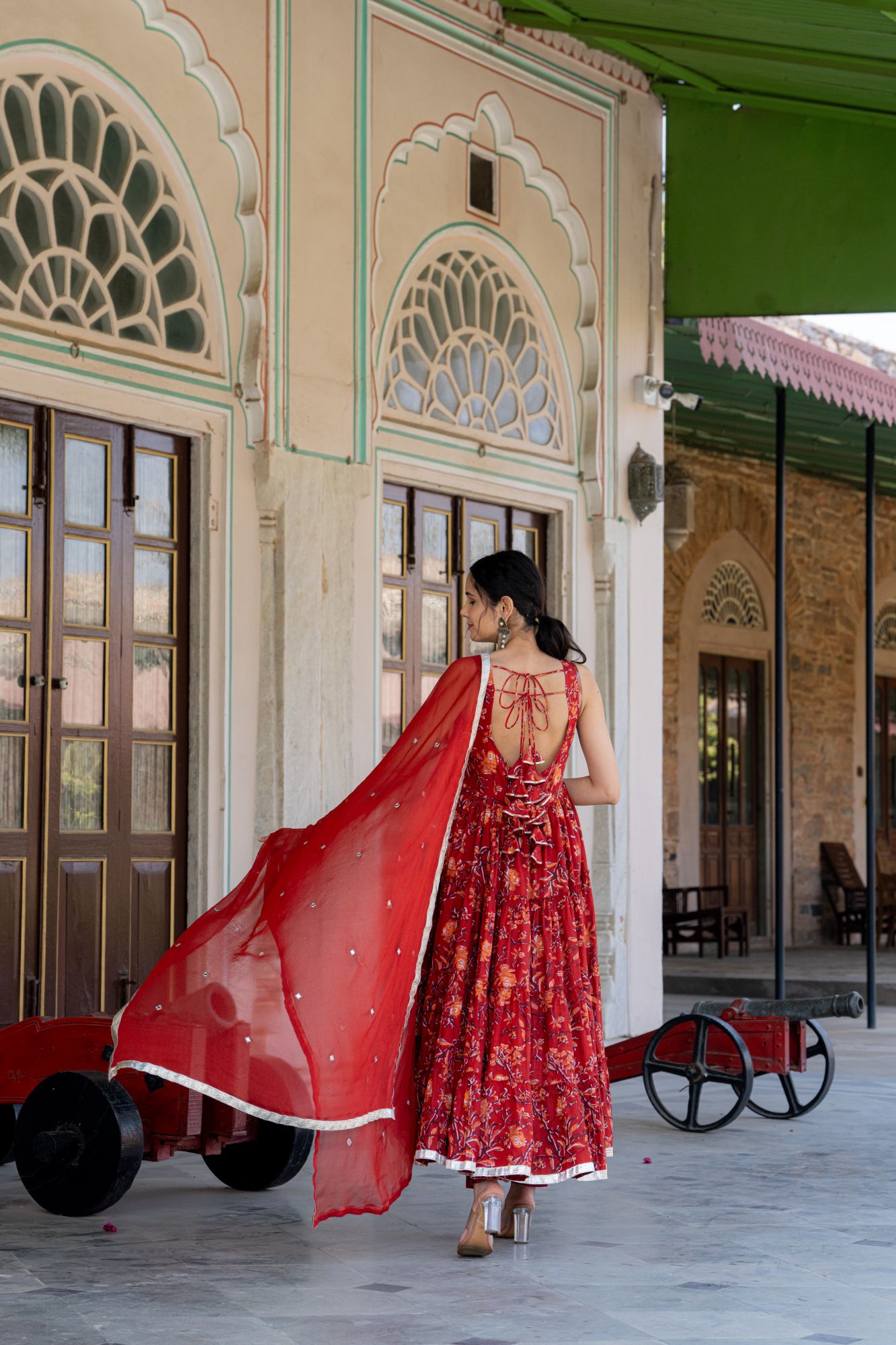 RED BLOSSOM COTTON ANARKALI SUIT SET