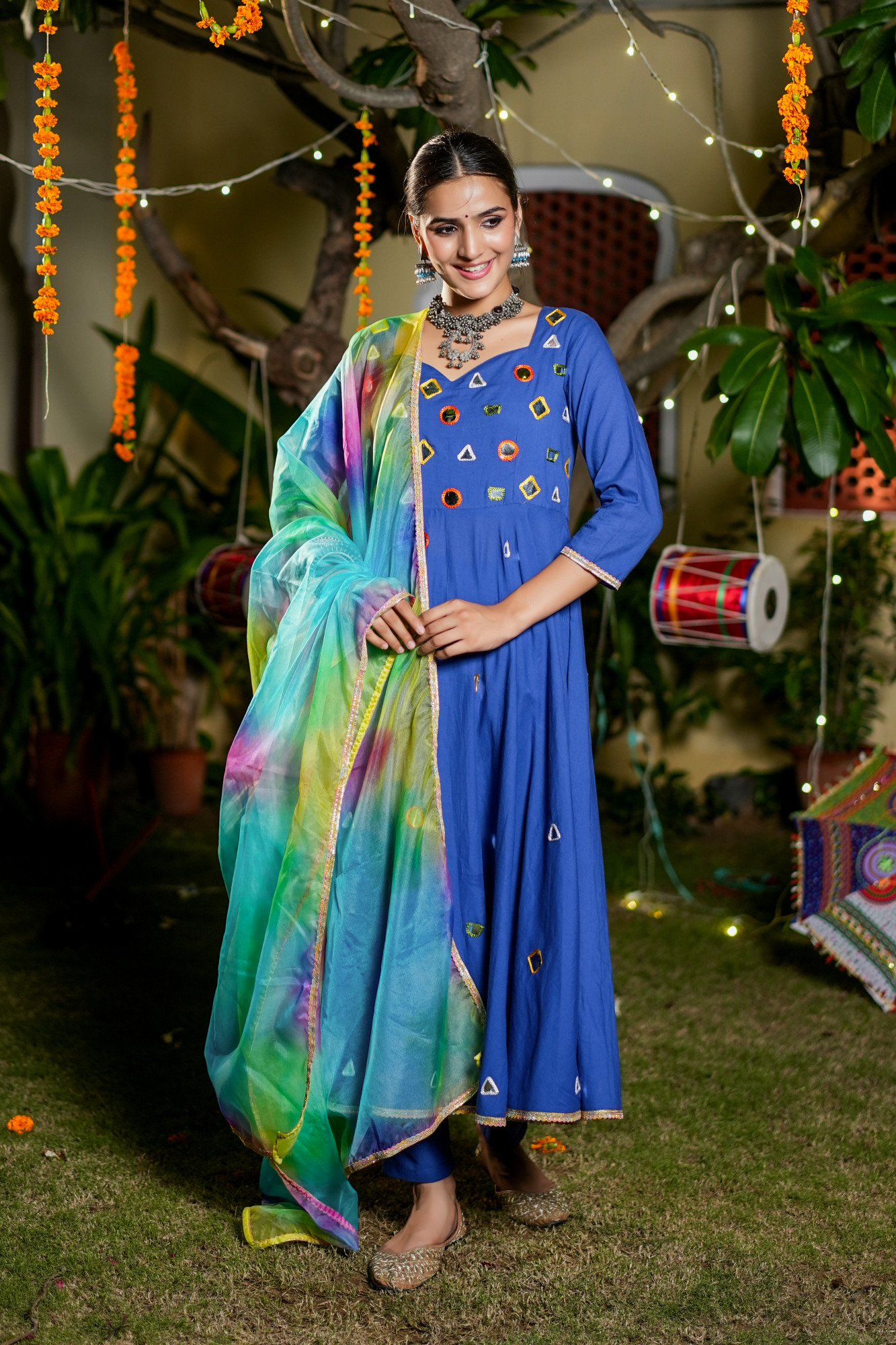 SERENYA TEEL MIRROR ANARKALI SET