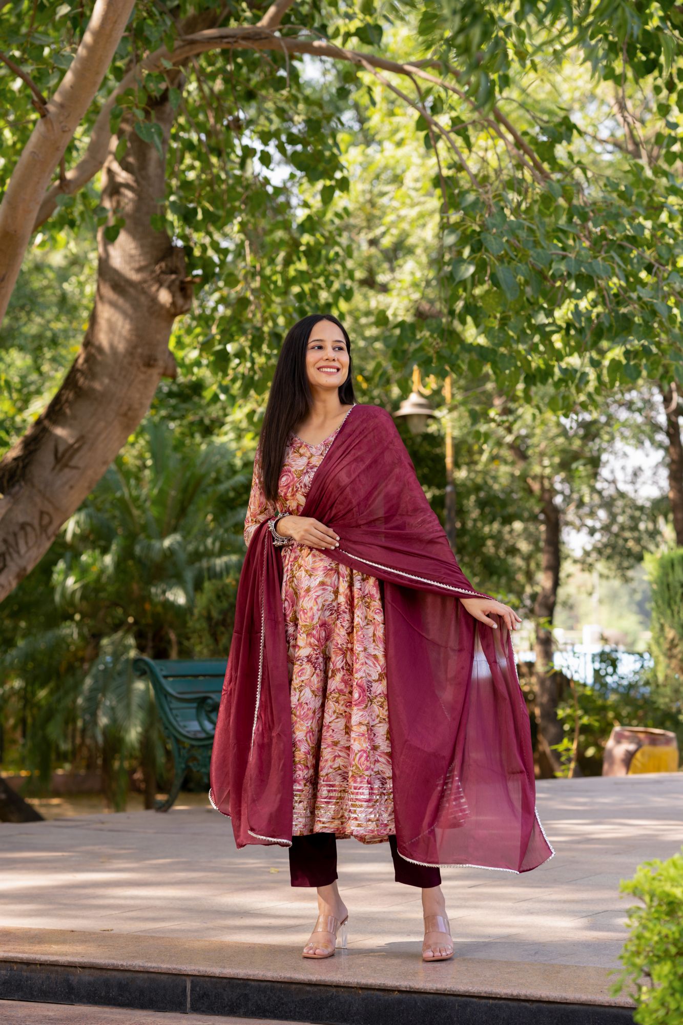 GOTA-ADORNED WINE ANARKALI SUIT SET