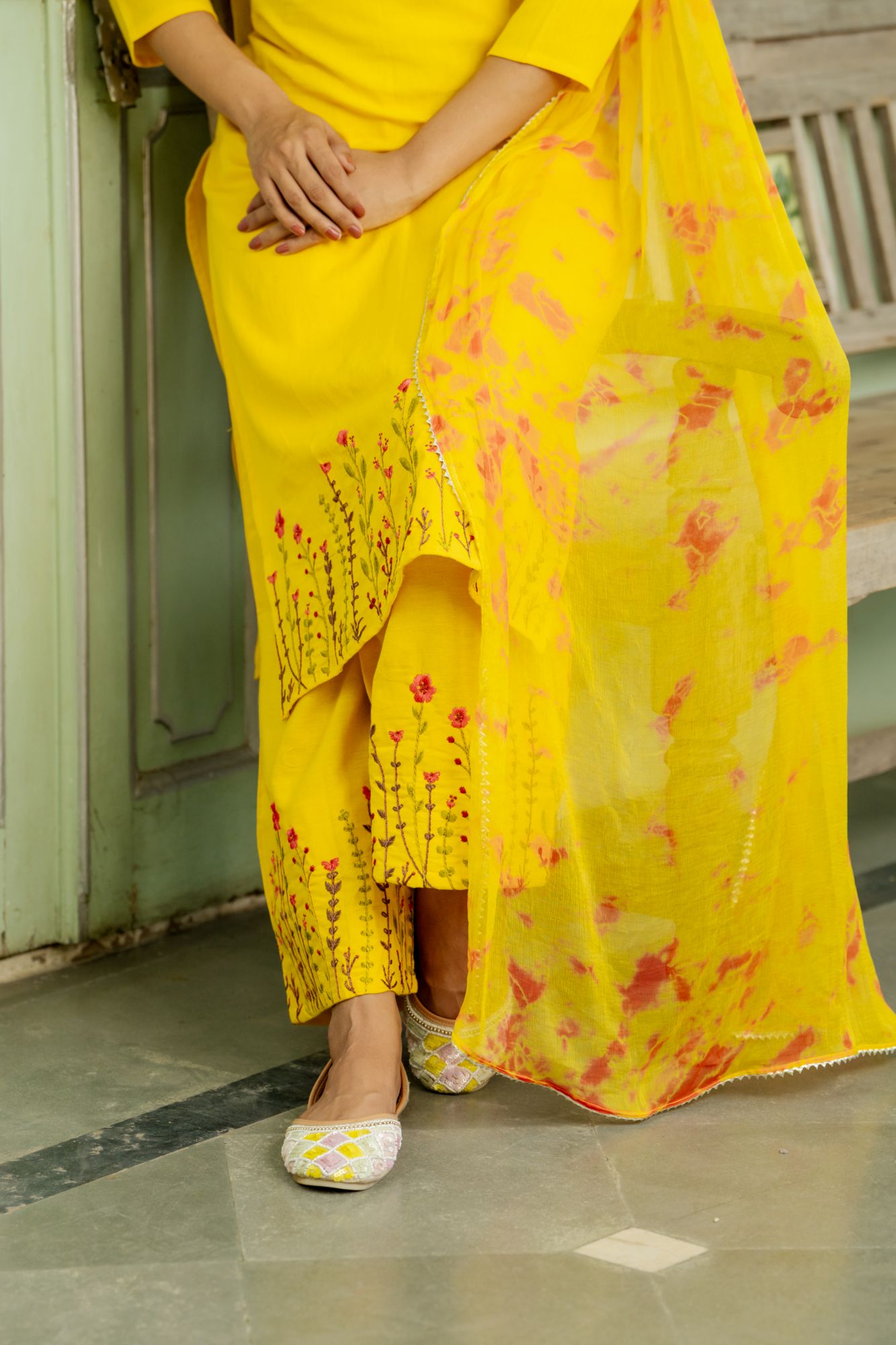 BRIGHT MUSTARD EMBROIDERY PALAZZO SET
