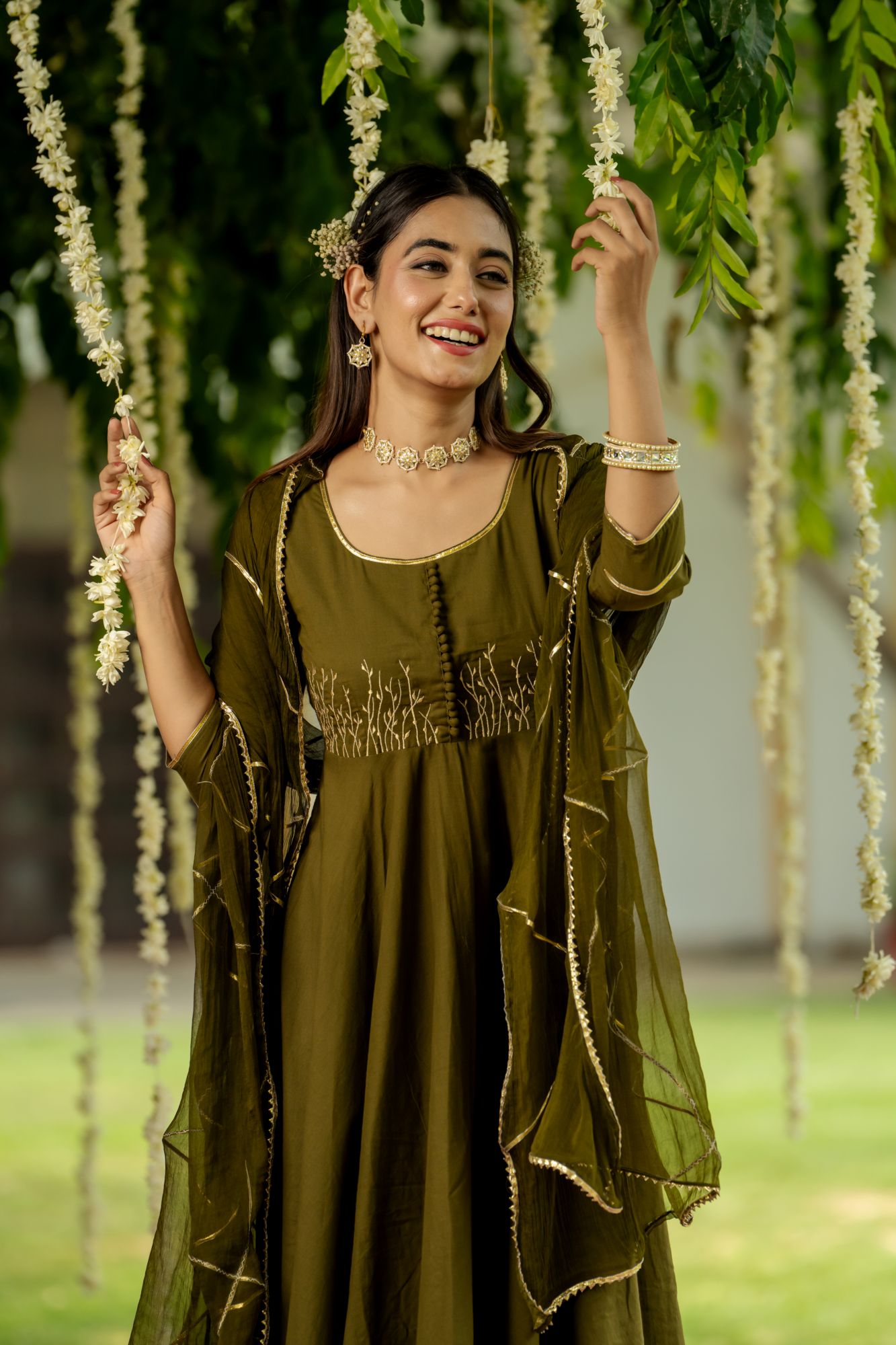 OLIVE ZARI ELEGANCE ANARKALI SET