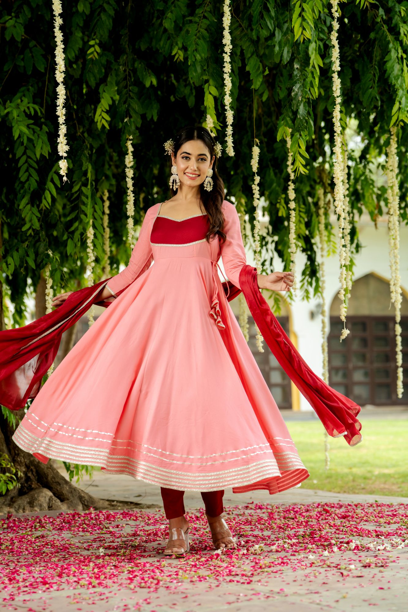 OPULENCE PEACH MAROON LACE SUIT SET