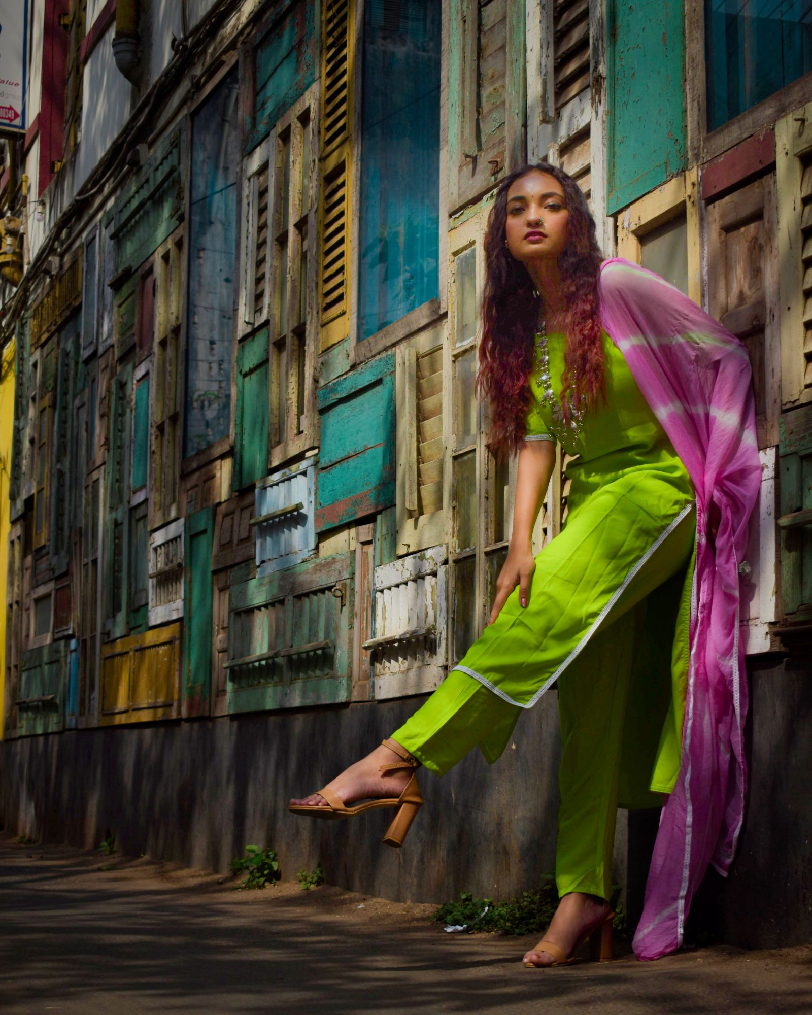 LIME GREEN LEHERIYA KURTA SET