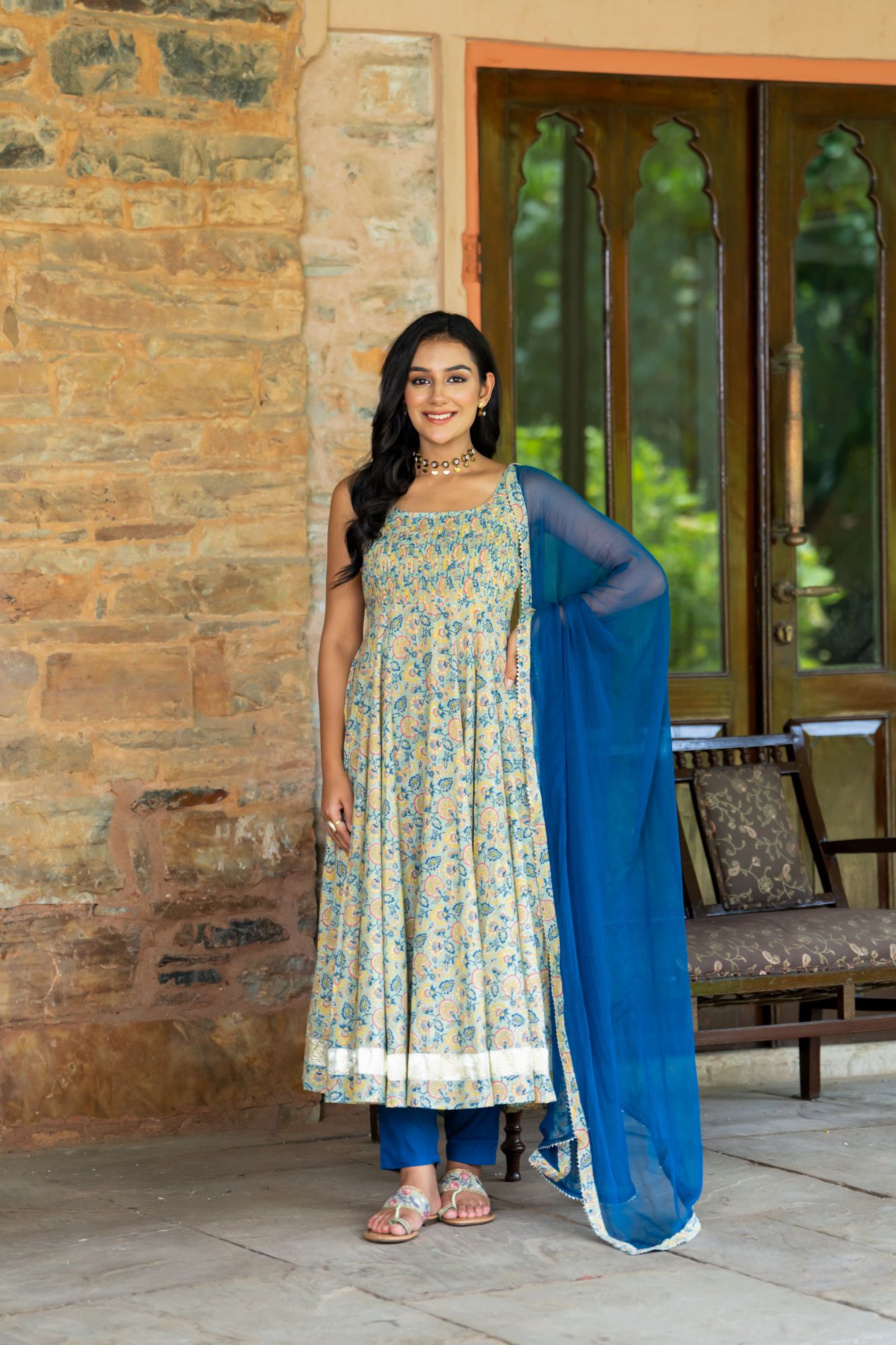 TEAL BLOOM ANARKALI SUIT SET