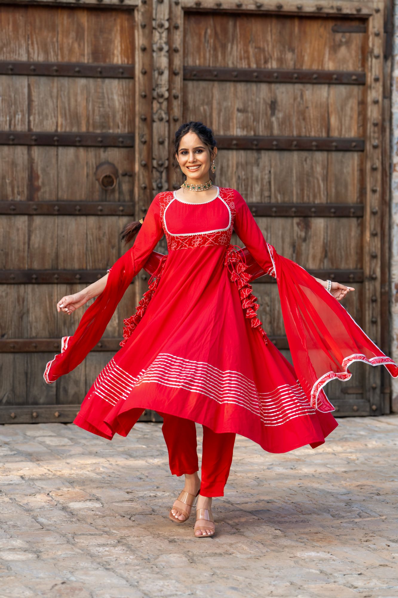 RADIANT RED BANDHANI ANARKALI SET