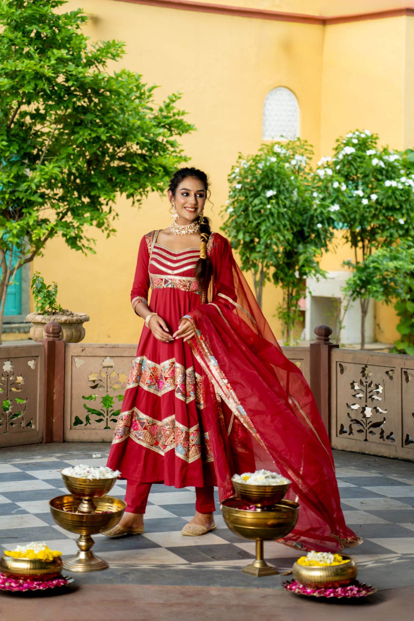 LUXE MAROON EMBROIDERED ANARKALI SUIT SET