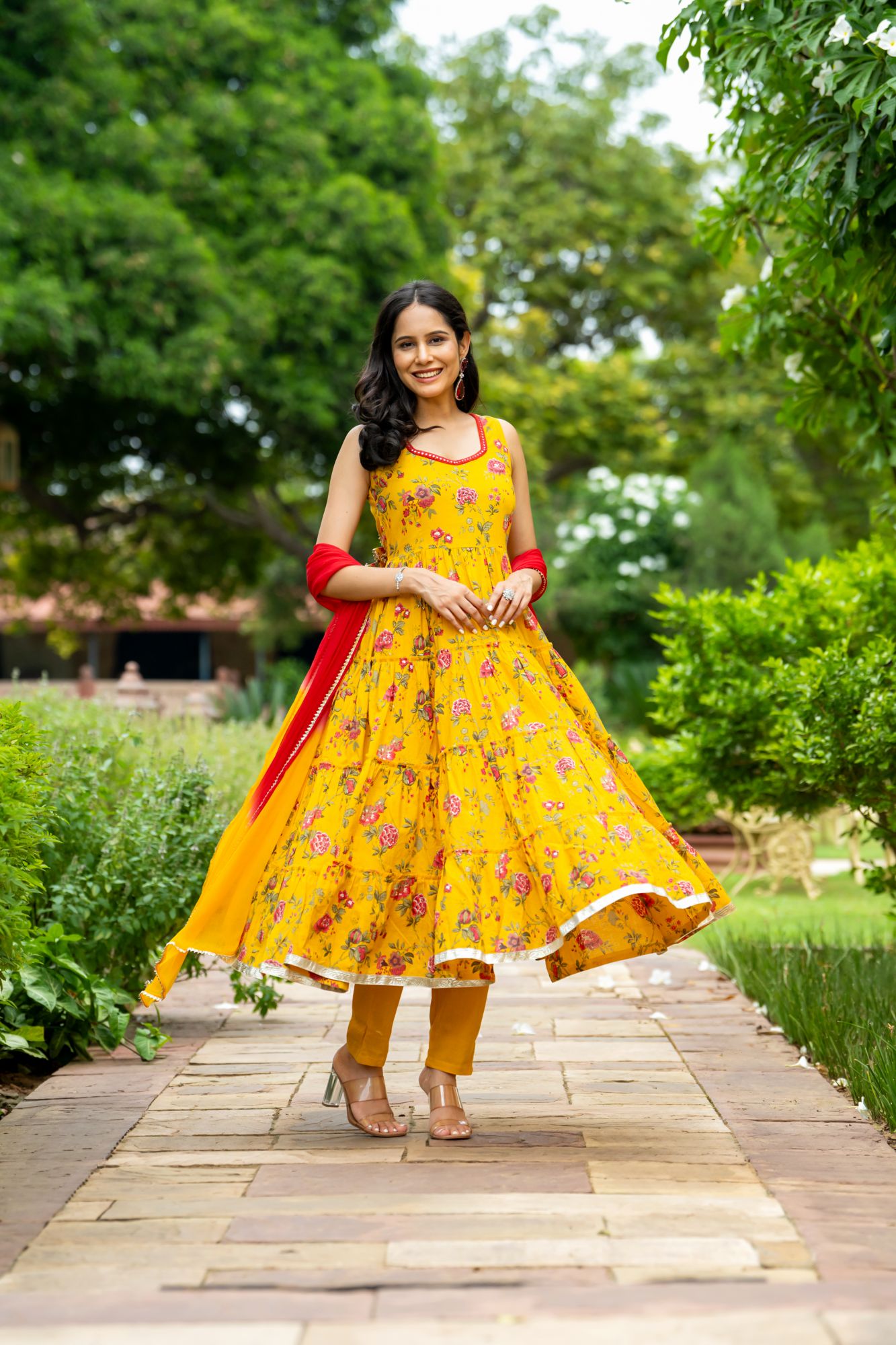 MUSTARD MIRROR BLOSSOM ANARKALI SET