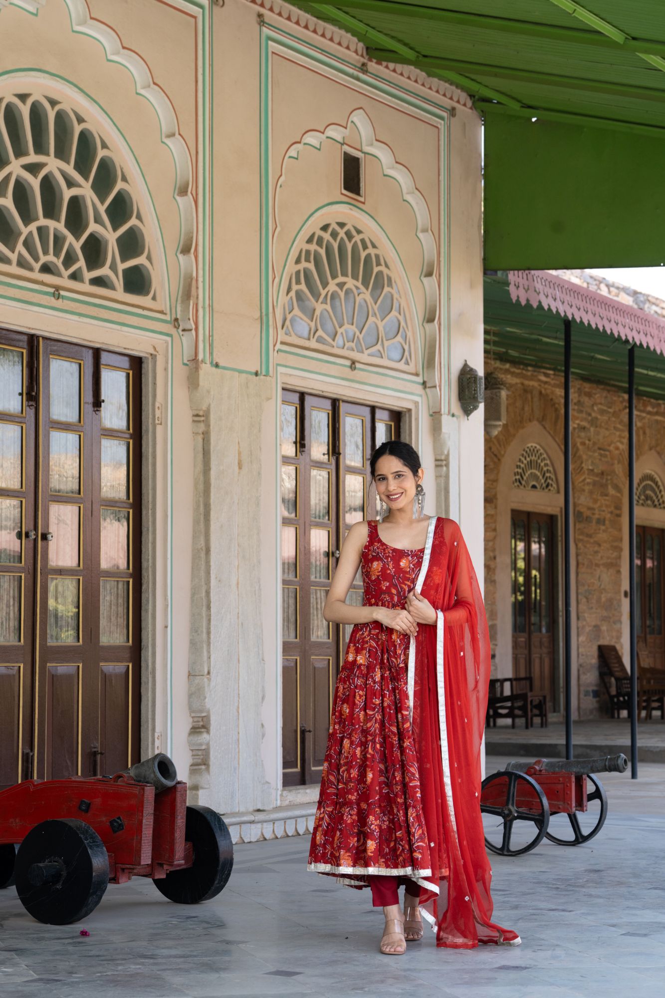 RED BLOSSOM COTTON ANARKALI SUIT SET