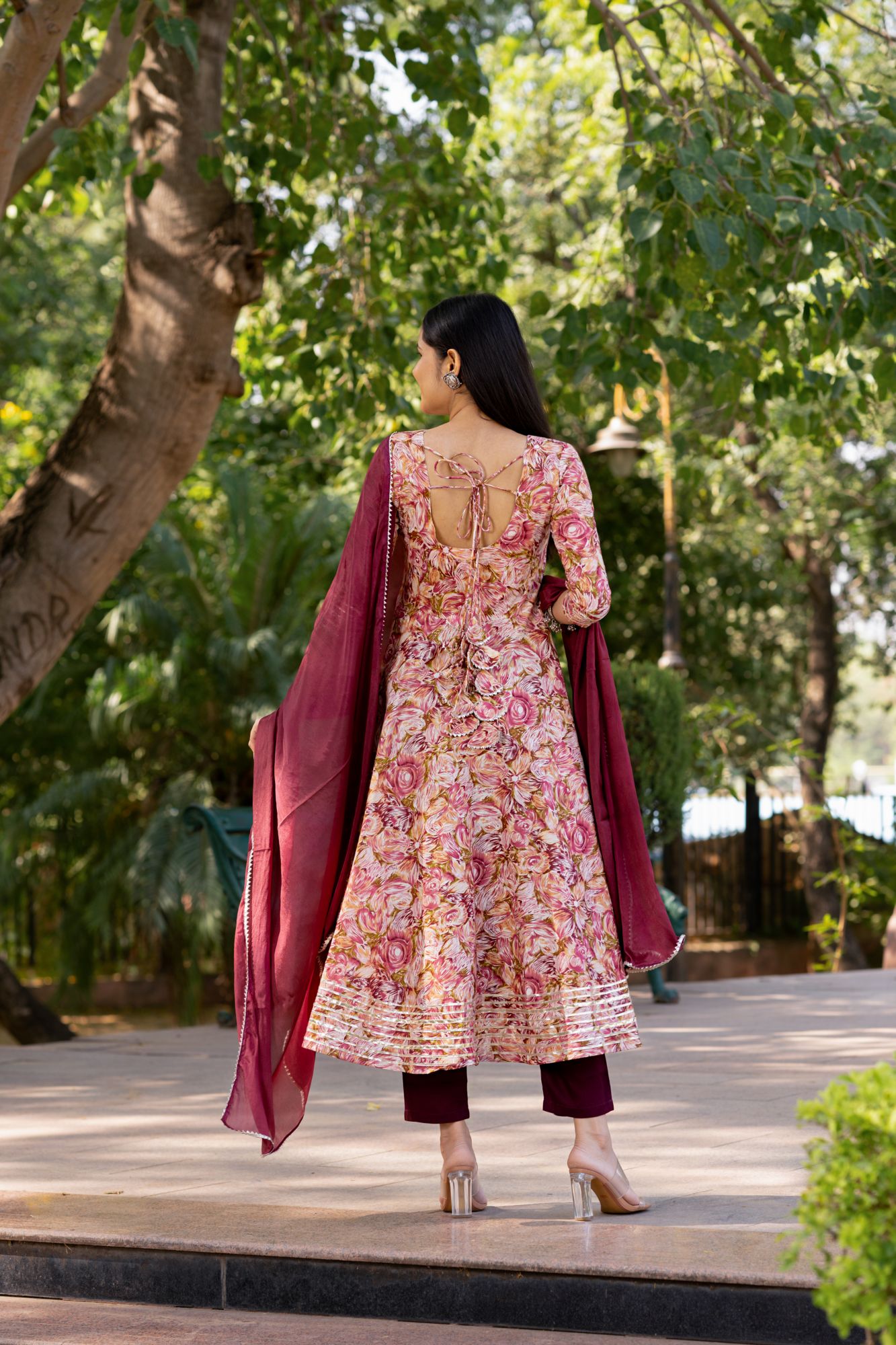 GOTA-ADORNED WINE ANARKALI SUIT SET
