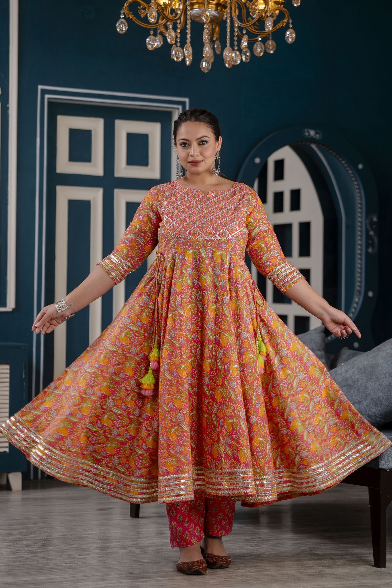 PINK FLORAL HANDWORKED SUIT SET