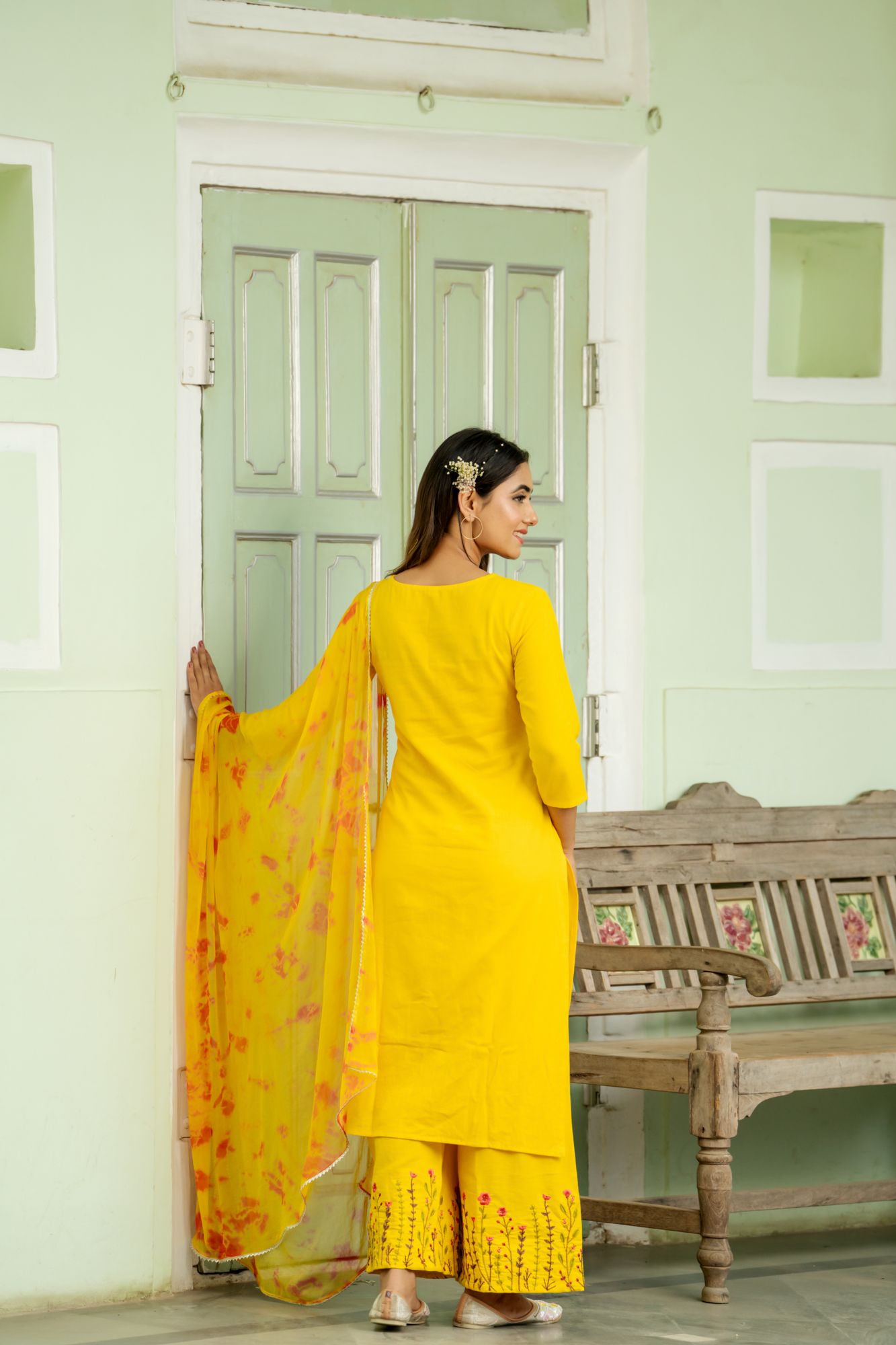 BRIGHT MUSTARD EMBROIDERY PALAZZO SET