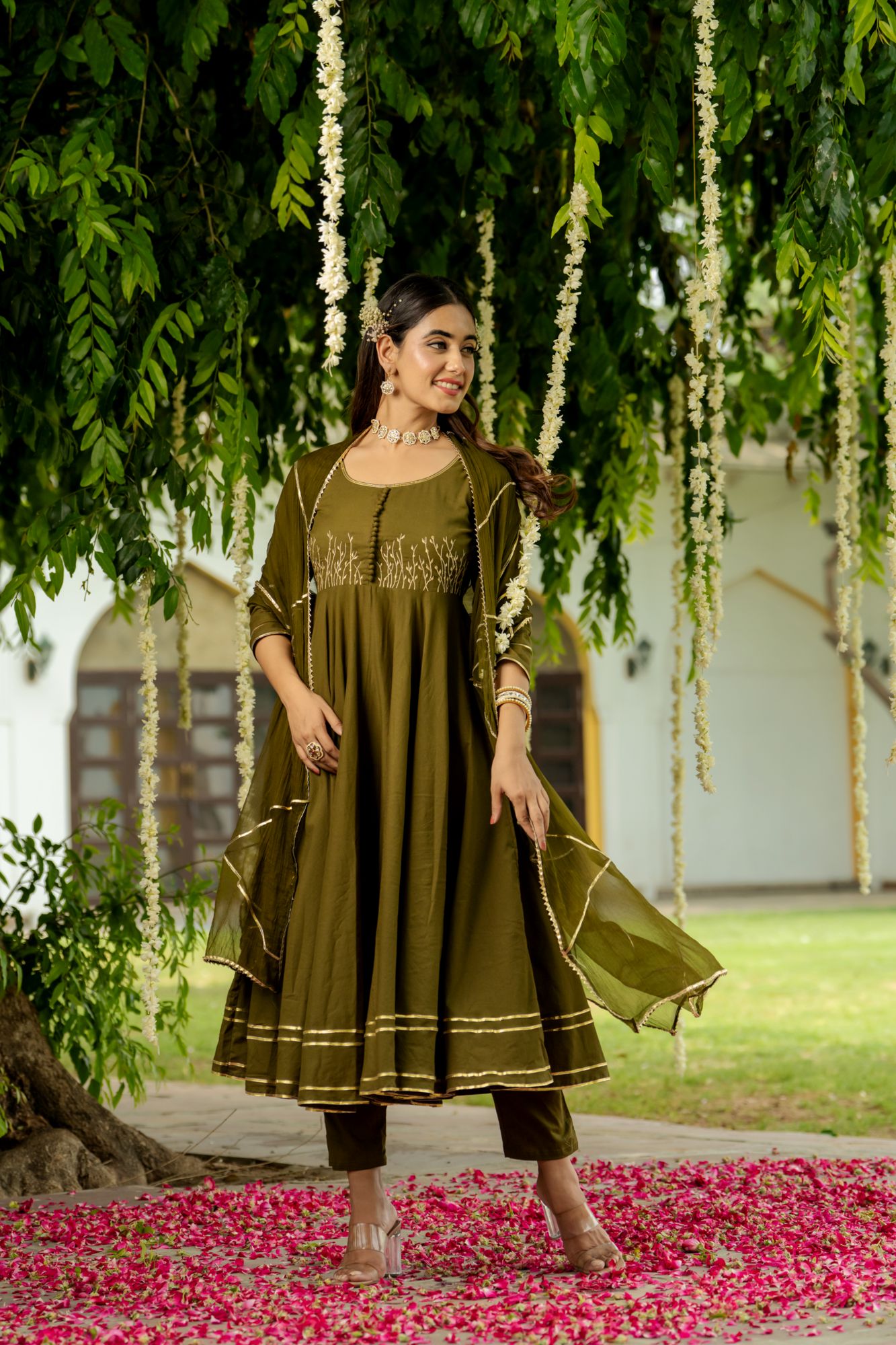 OLIVE ZARI ELEGANCE ANARKALI SET