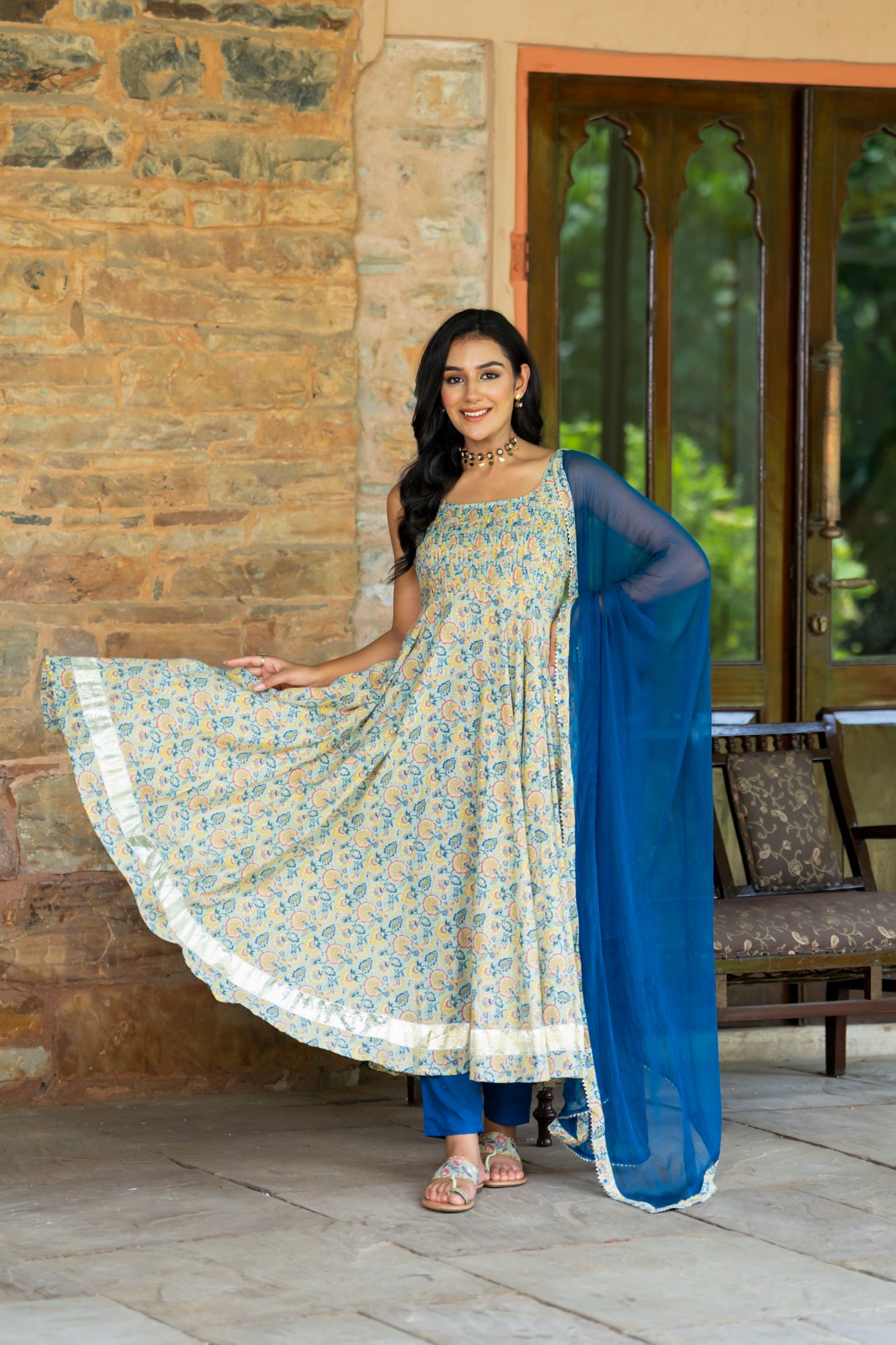 TEAL BLOOM ANARKALI SUIT SET