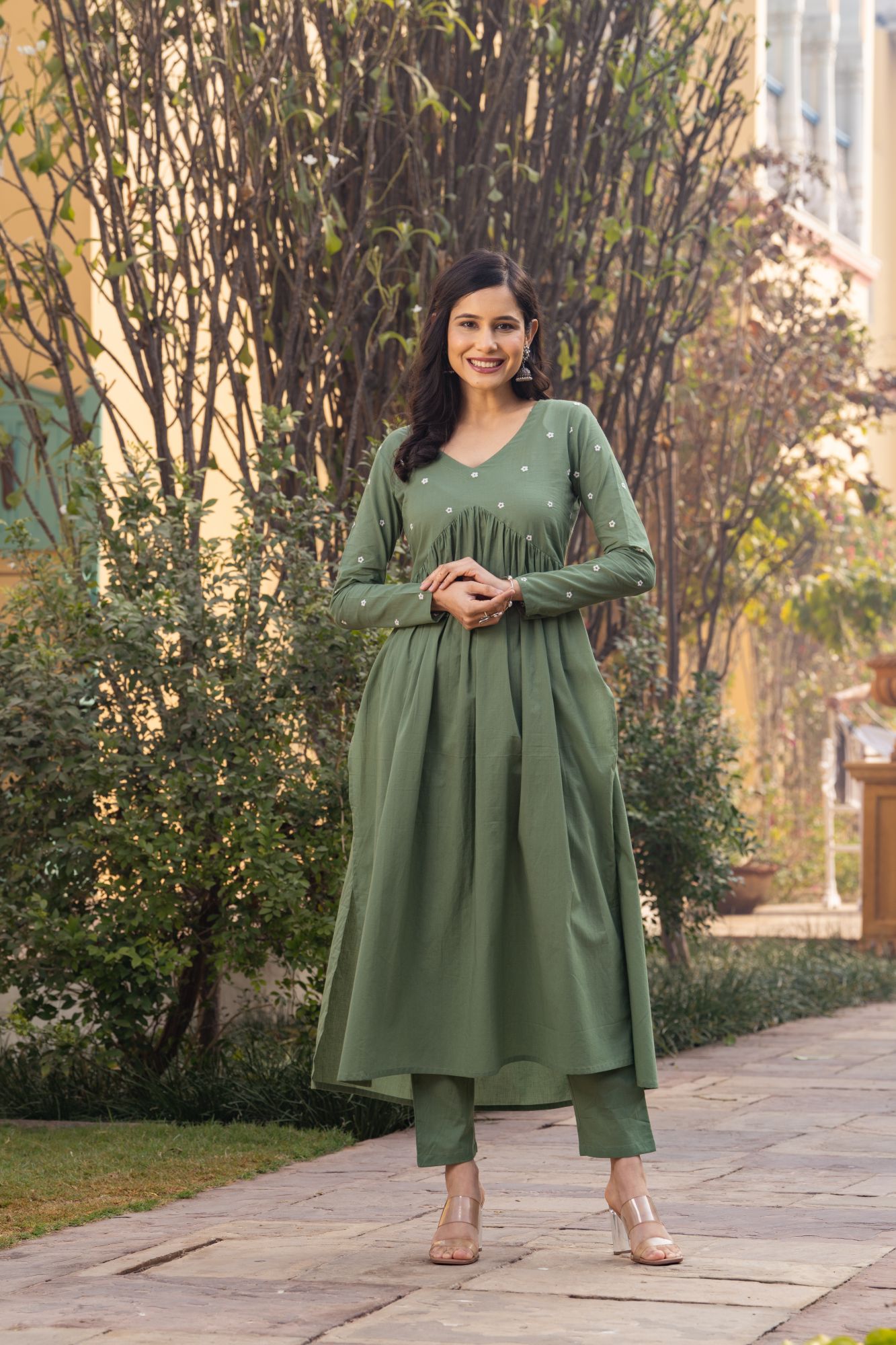 OLIVE EMBROIDERY KURTA SET