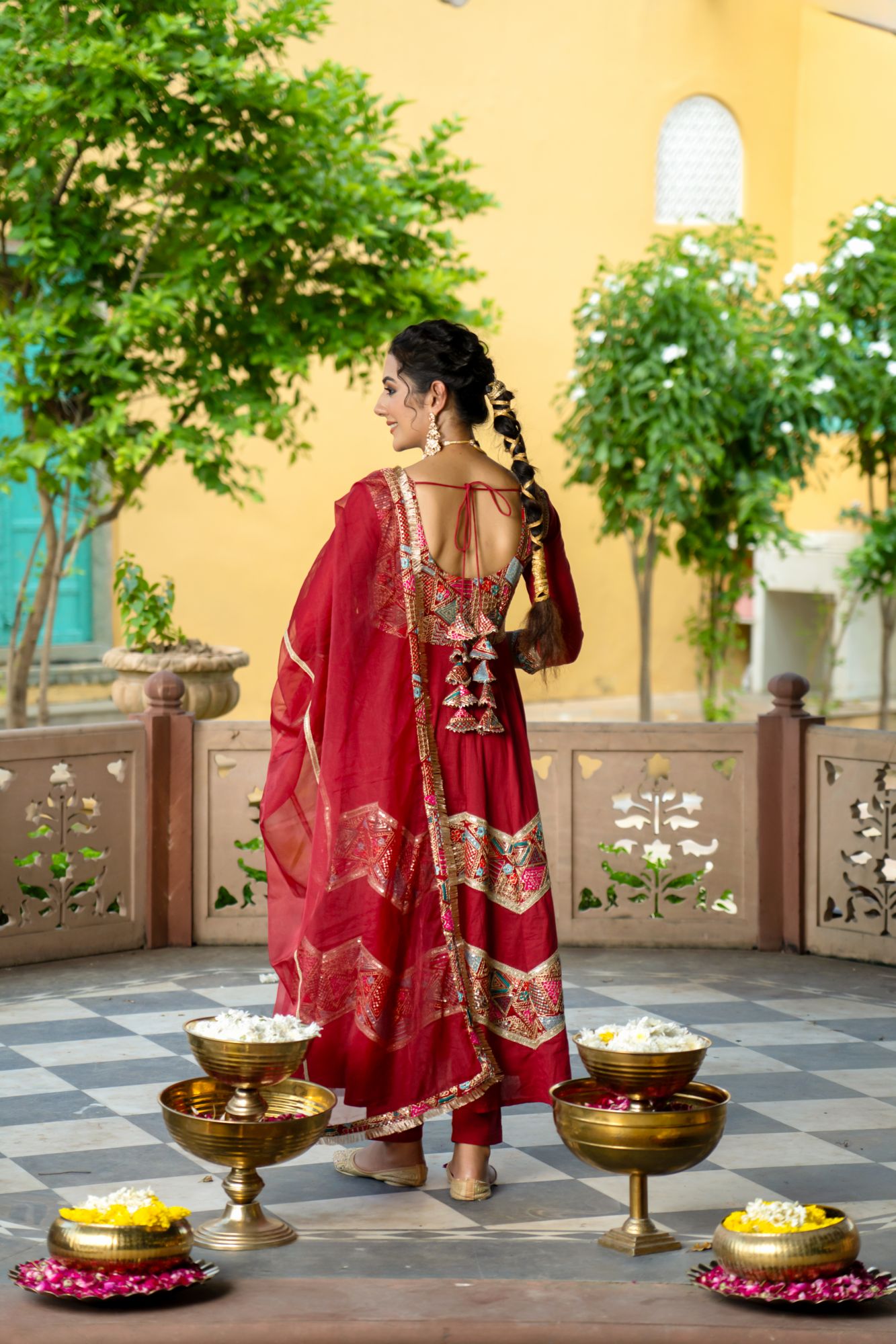 LUXE MAROON EMBROIDERED ANARKALI SUIT SET