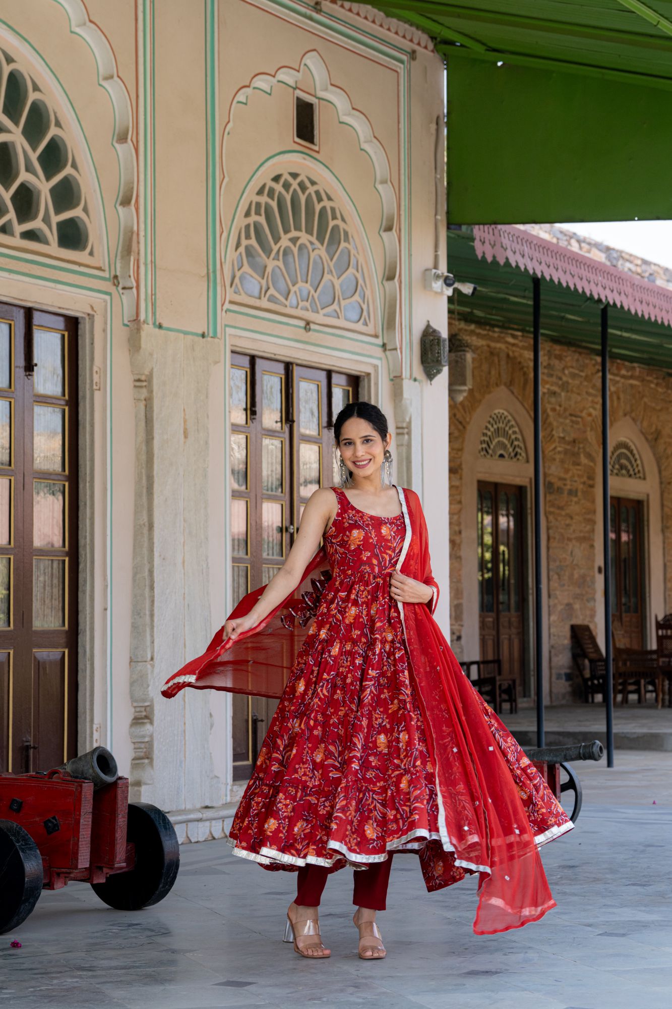RED BLOSSOM COTTON ANARKALI SUIT SET
