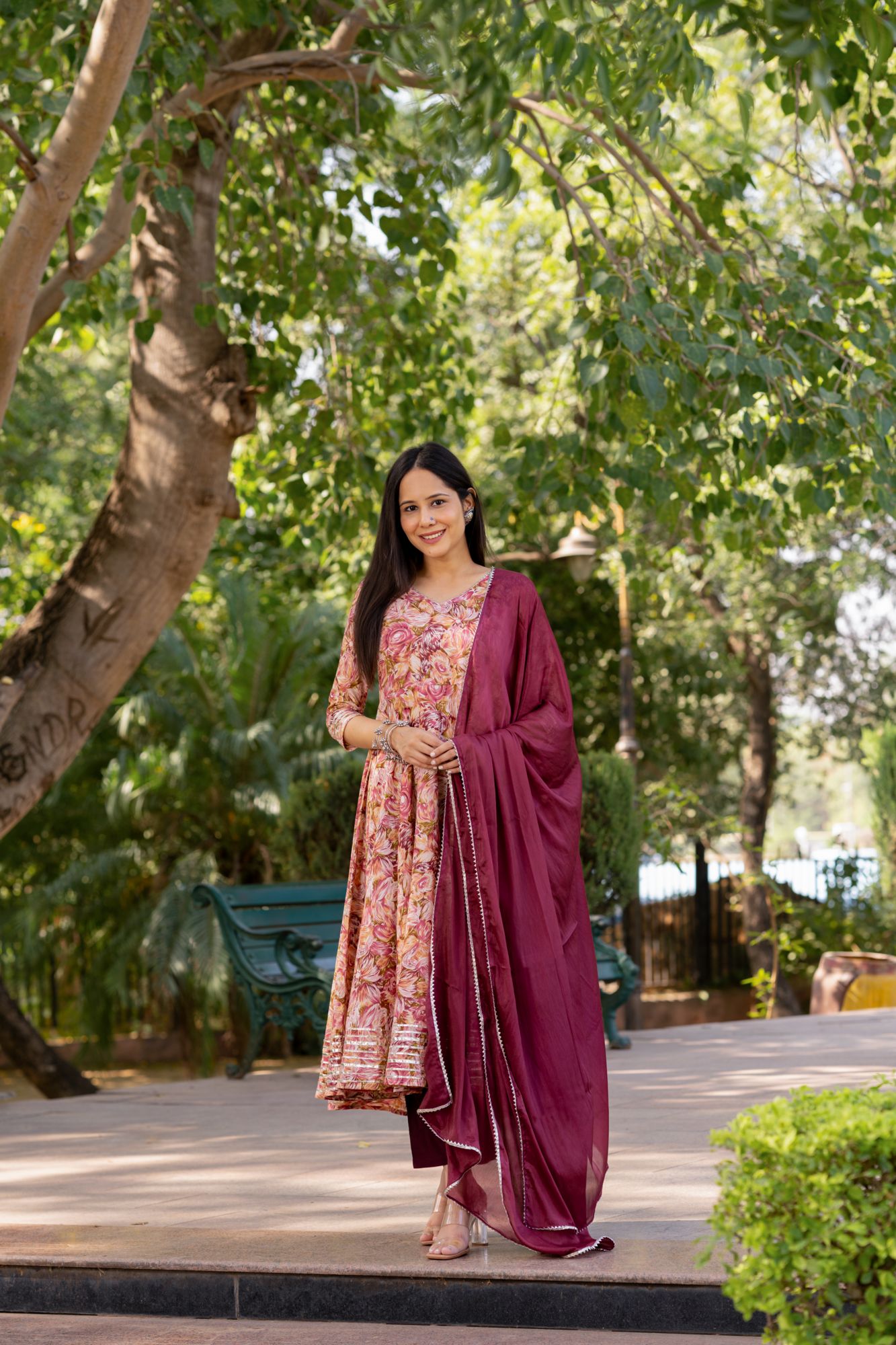 GOTA-ADORNED WINE ANARKALI SUIT SET