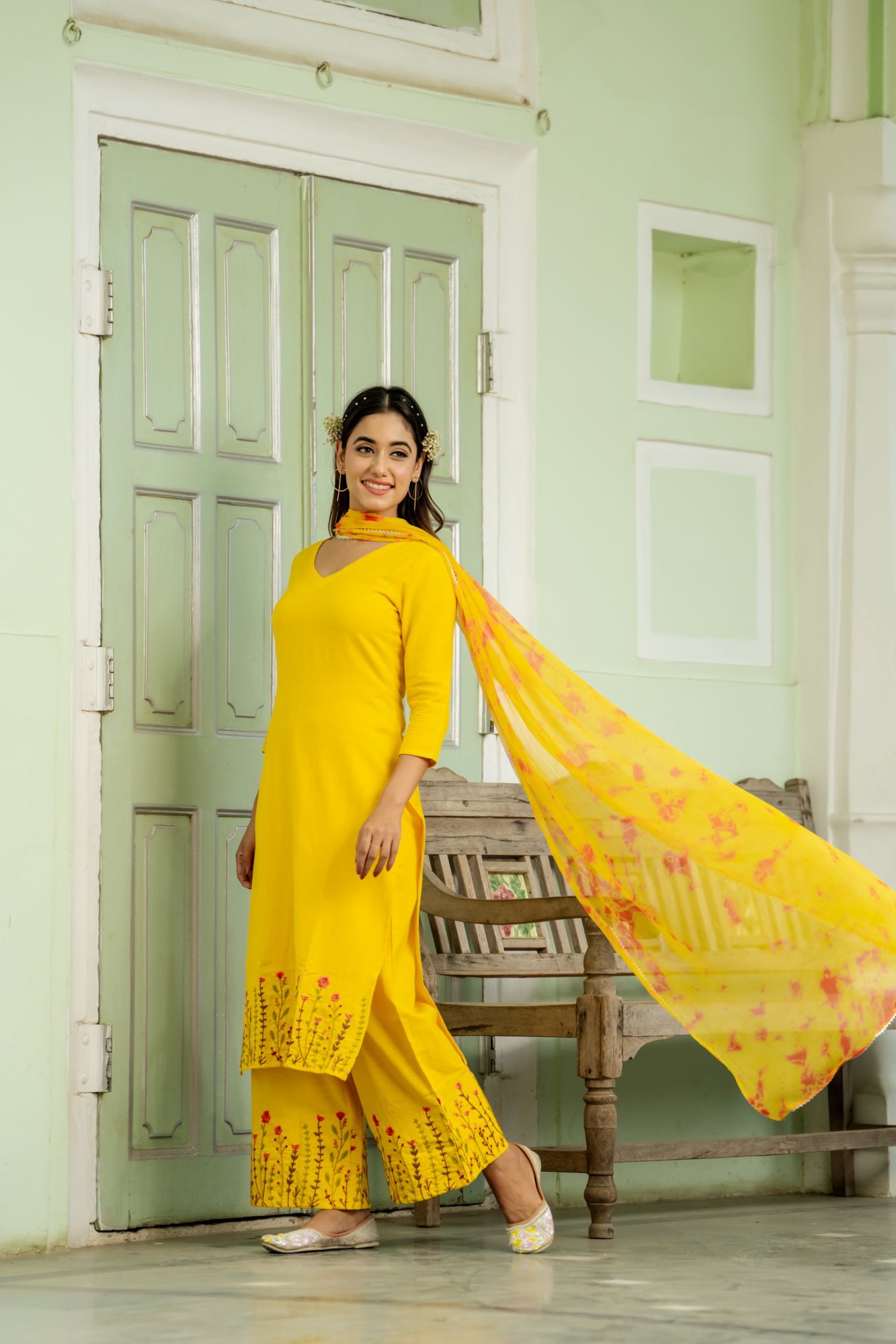 BRIGHT MUSTARD EMBROIDERY PALAZZO SET