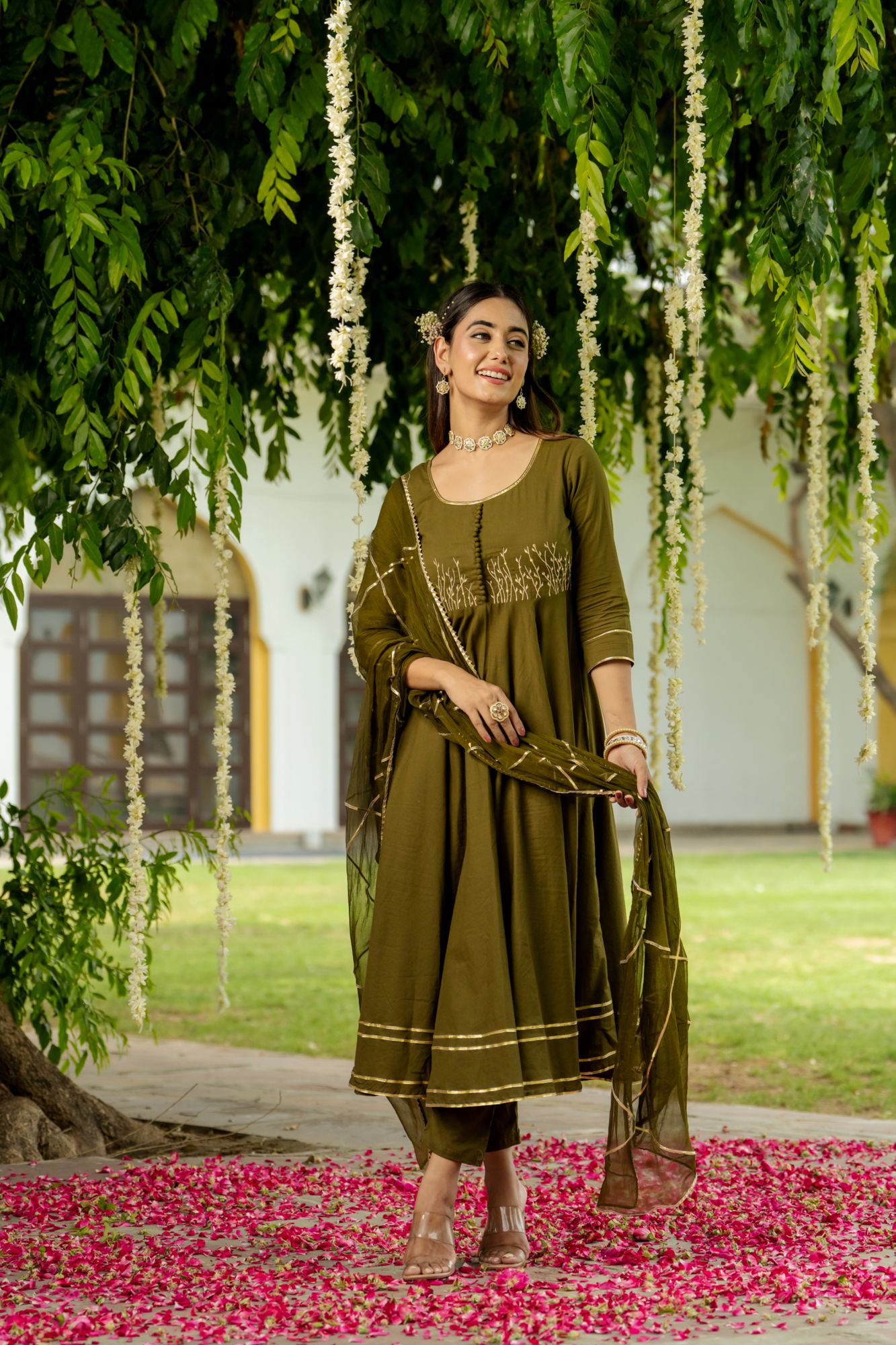 OLIVE ZARI ELEGANCE ANARKALI SET