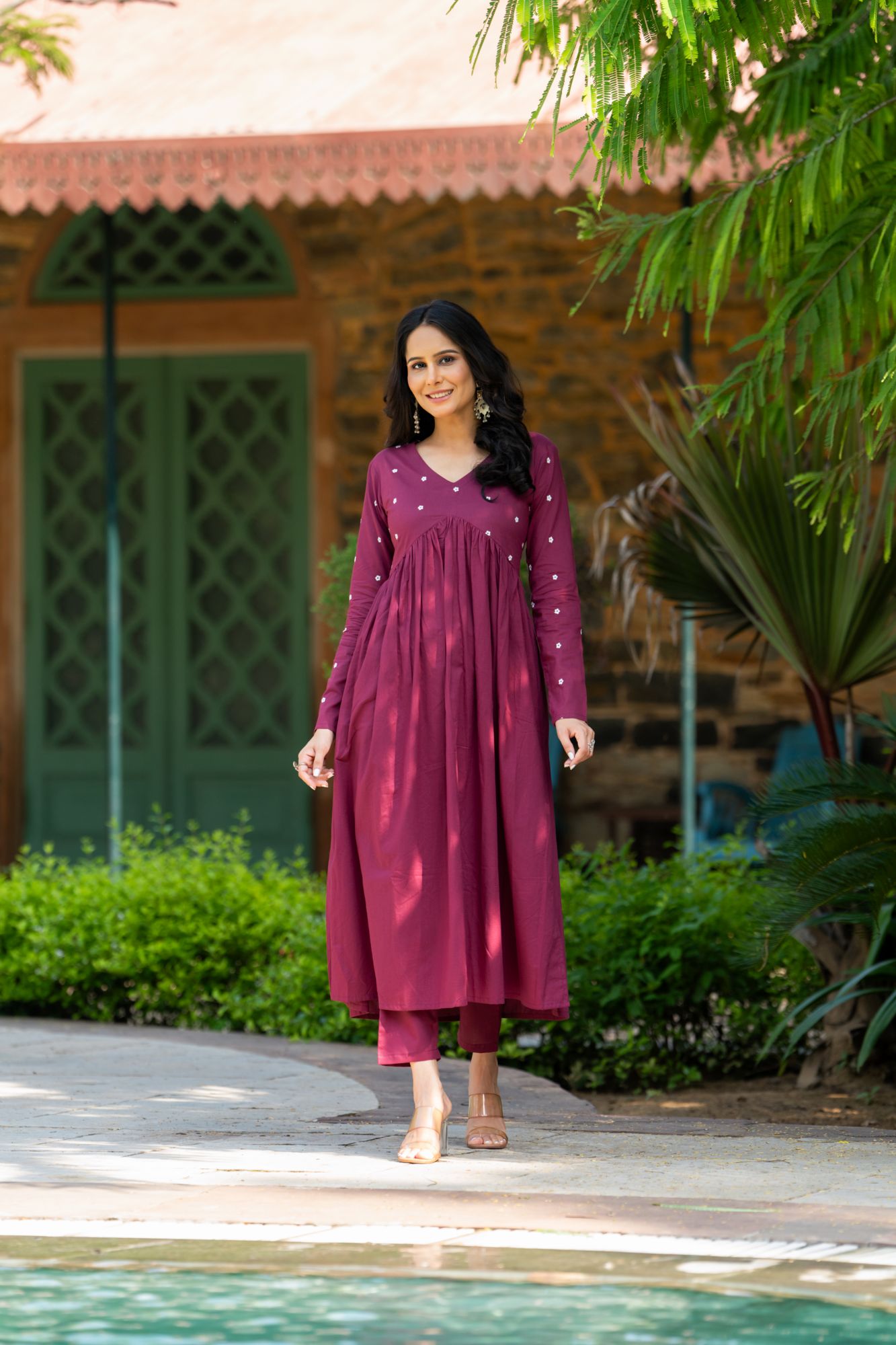 WINE EMBROIDERY KURTA SET