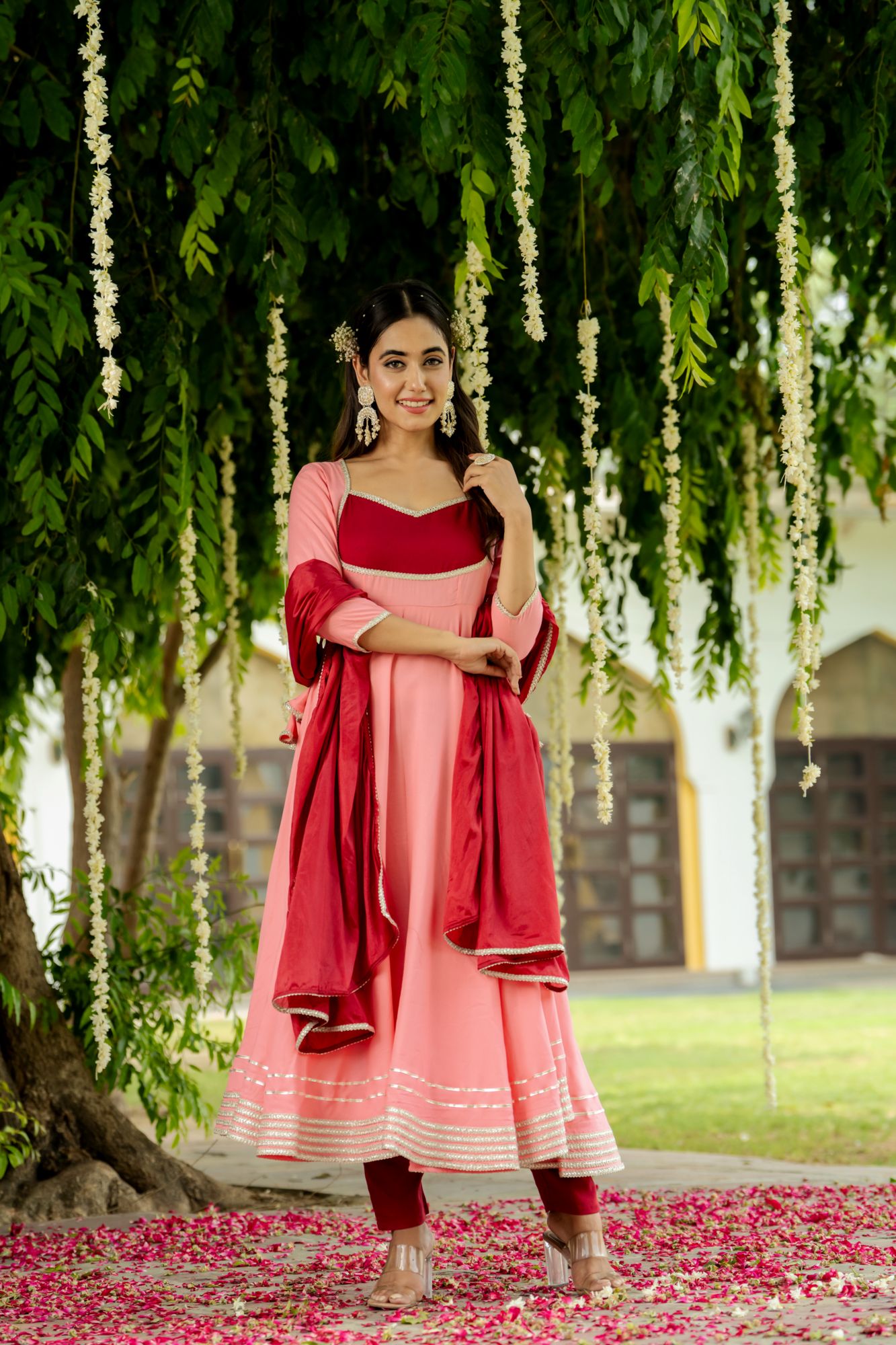 OPULENCE PEACH MAROON LACE SUIT SET