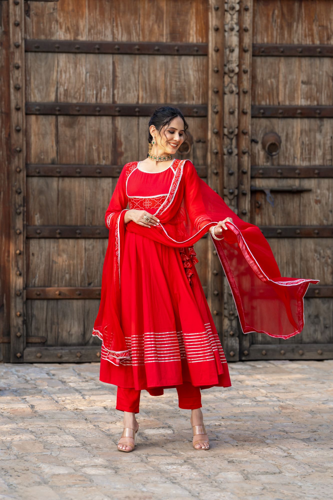RADIANT RED BANDHANI ANARKALI SET