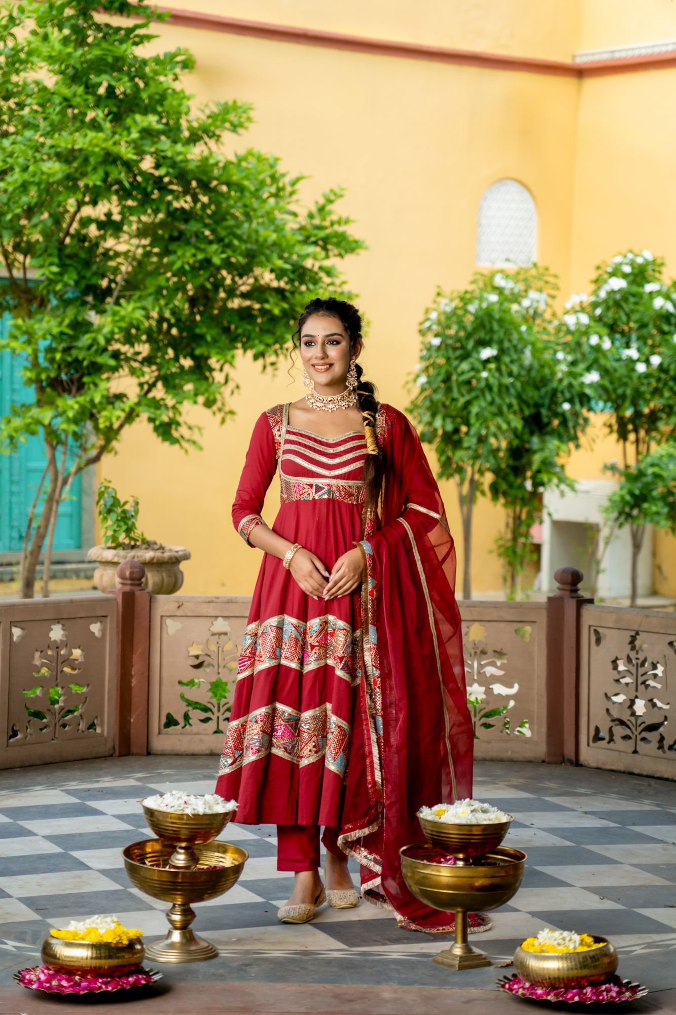 LUXE MAROON EMBROIDERED ANARKALI SUIT SET