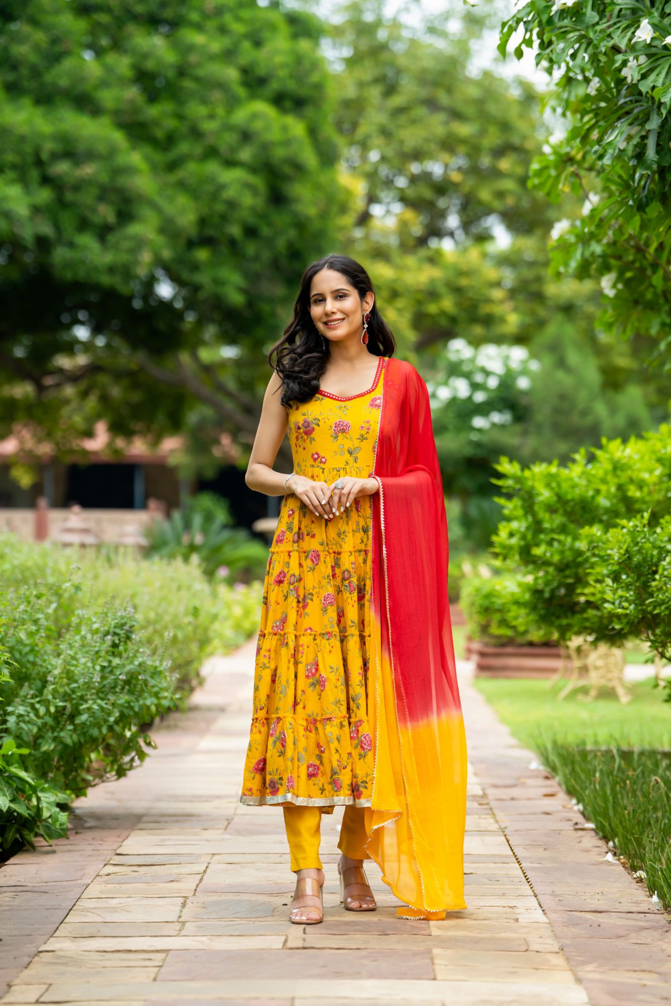 MUSTARD MIRROR BLOSSOM ANARKALI SET