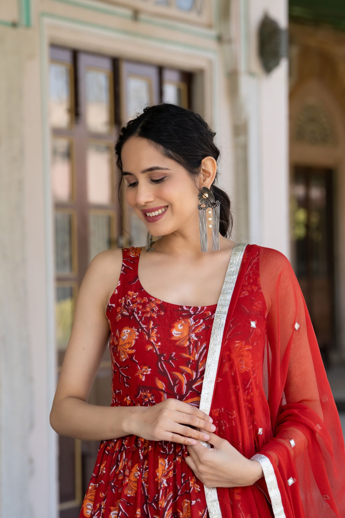 RED BLOSSOM COTTON ANARKALI SUIT SET