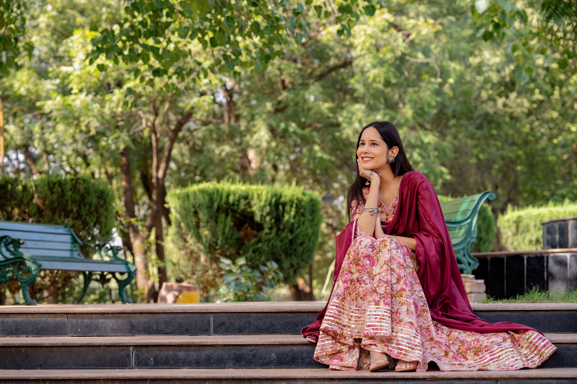 GOTA-ADORNED WINE ANARKALI SUIT SET