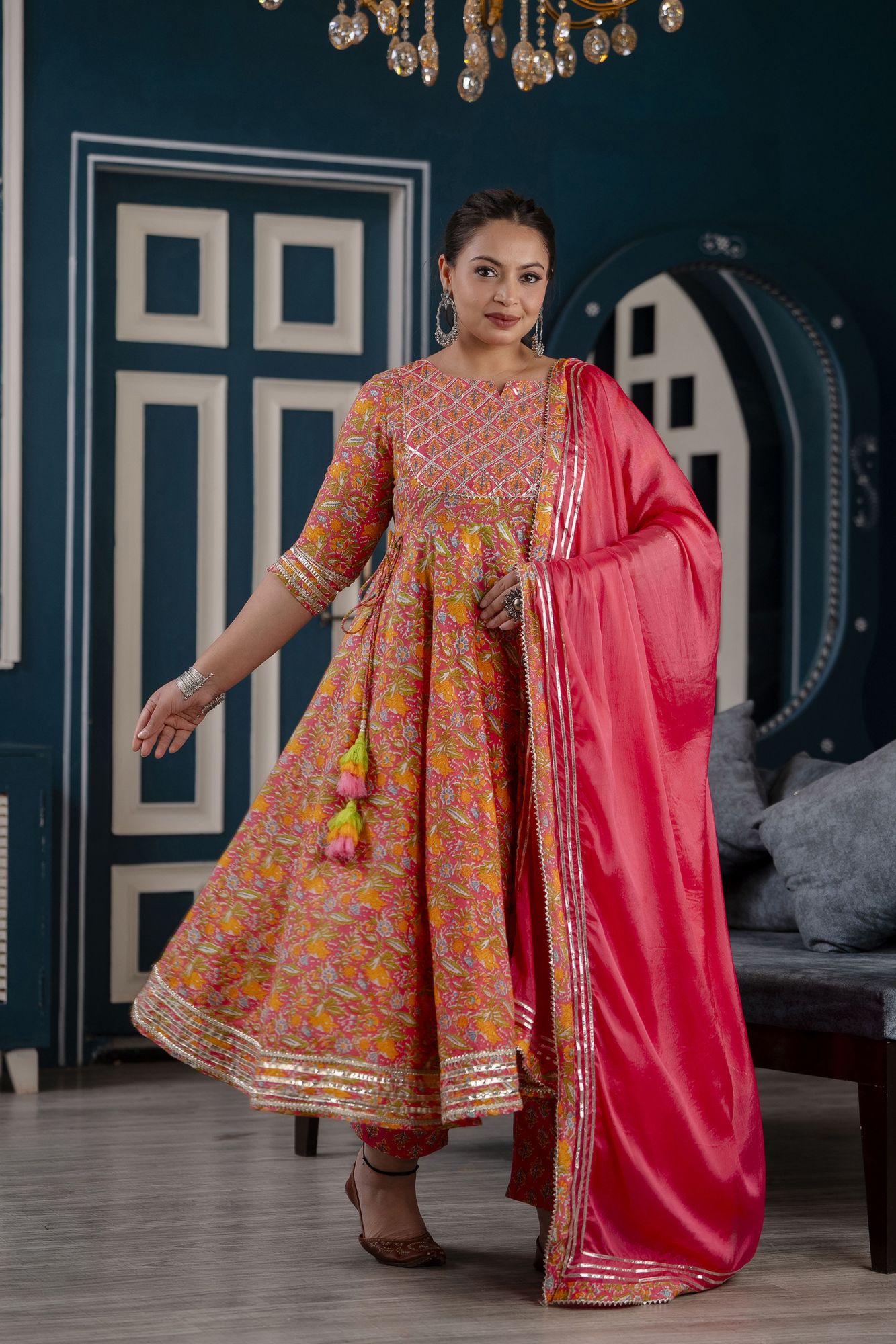 PINK FLORAL HANDWORKED SUIT SET