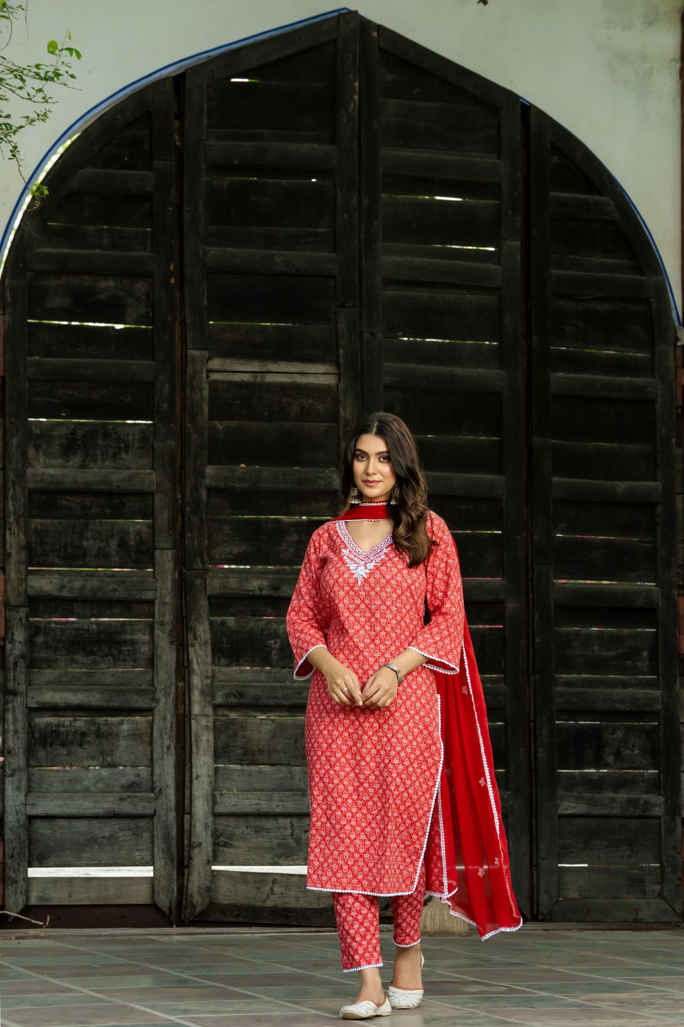 RED EMBROIDERED KANTHA KURTA SET