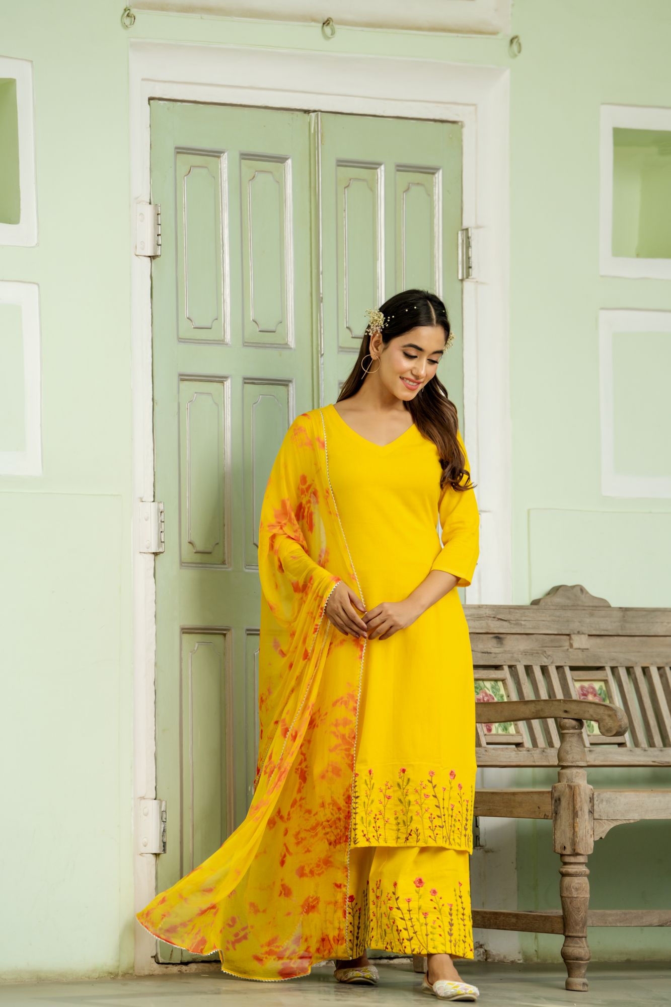BRIGHT MUSTARD EMBROIDERY PALAZZO SET