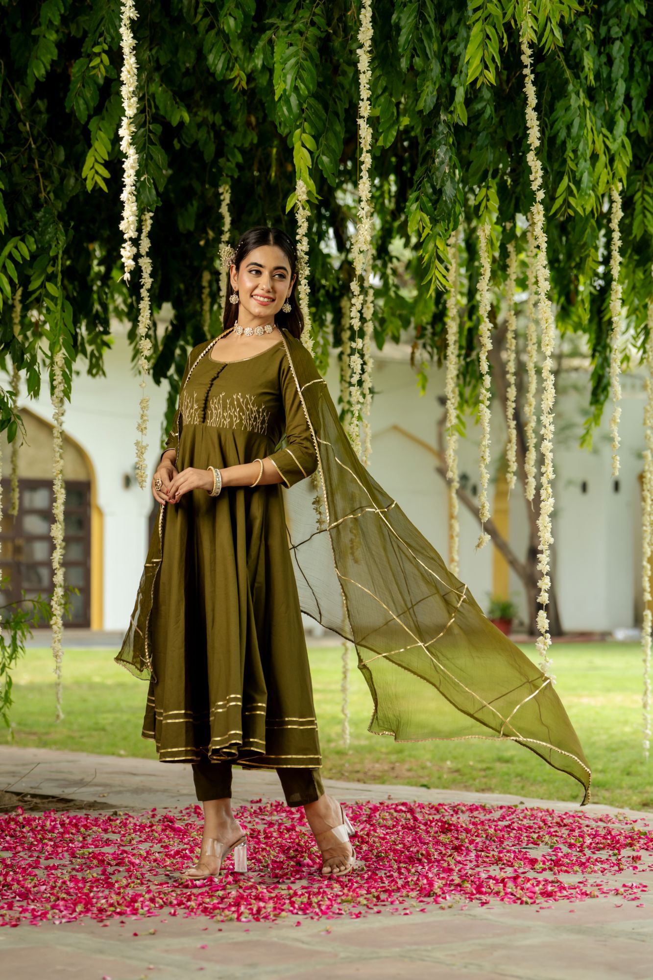 OLIVE ZARI ELEGANCE ANARKALI SET
