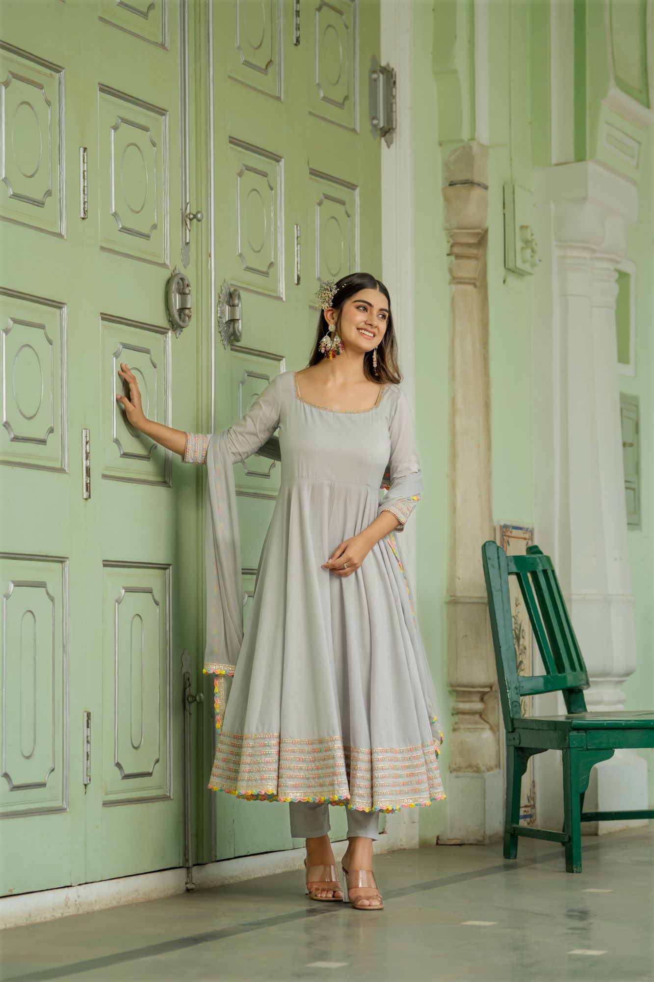 CELESTIAL GREY ANARKALI SET