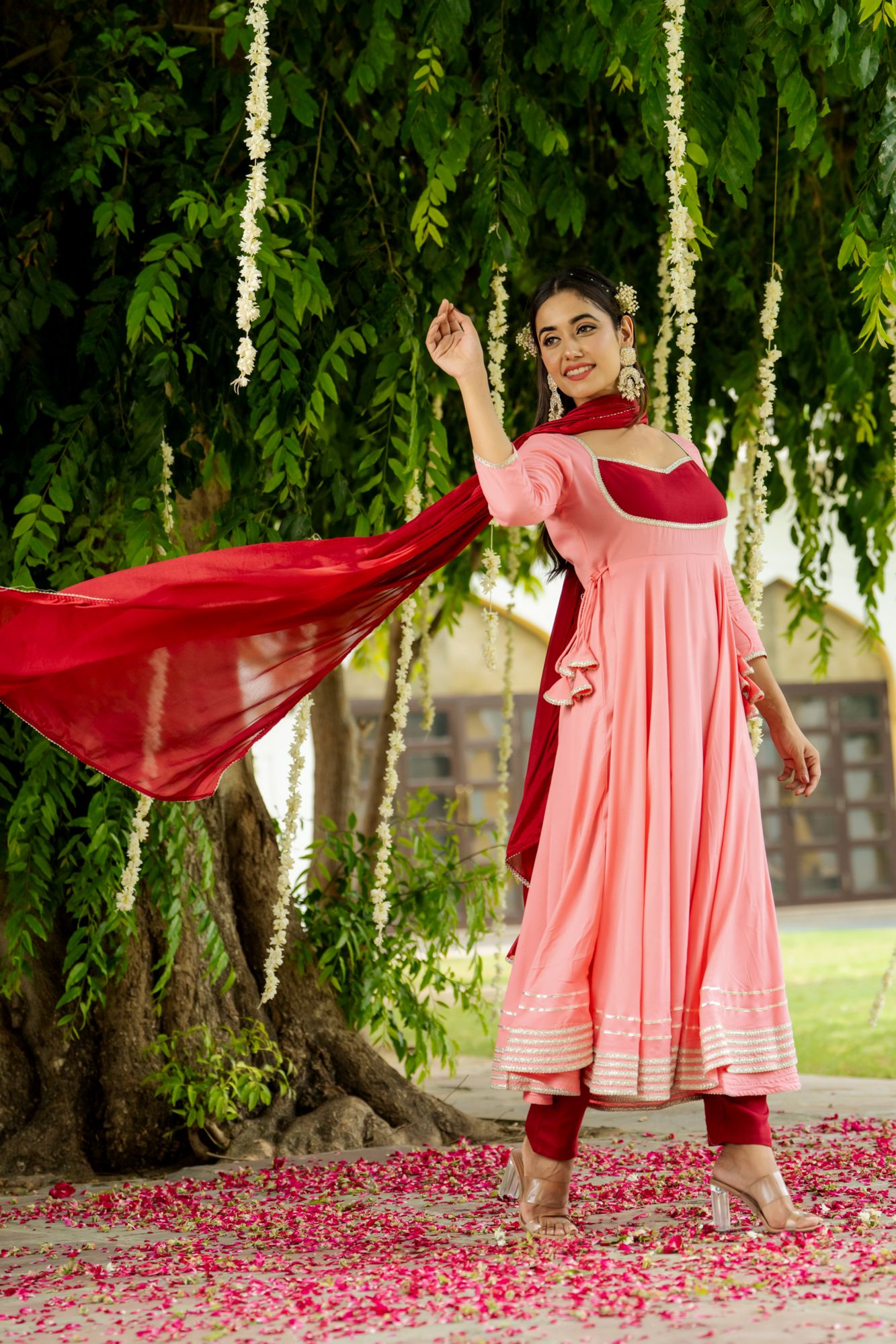 OPULENCE PEACH MAROON LACE SUIT SET