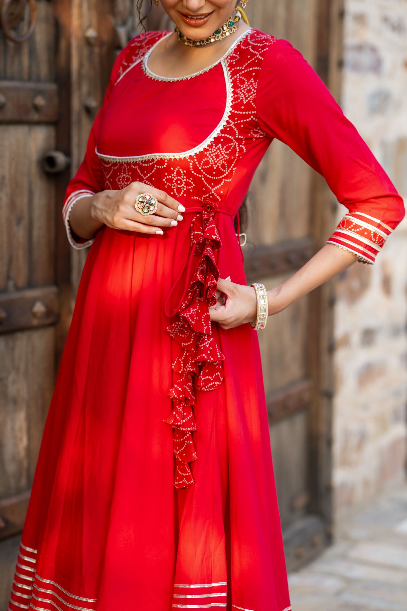 RADIANT RED BANDHANI ANARKALI SET