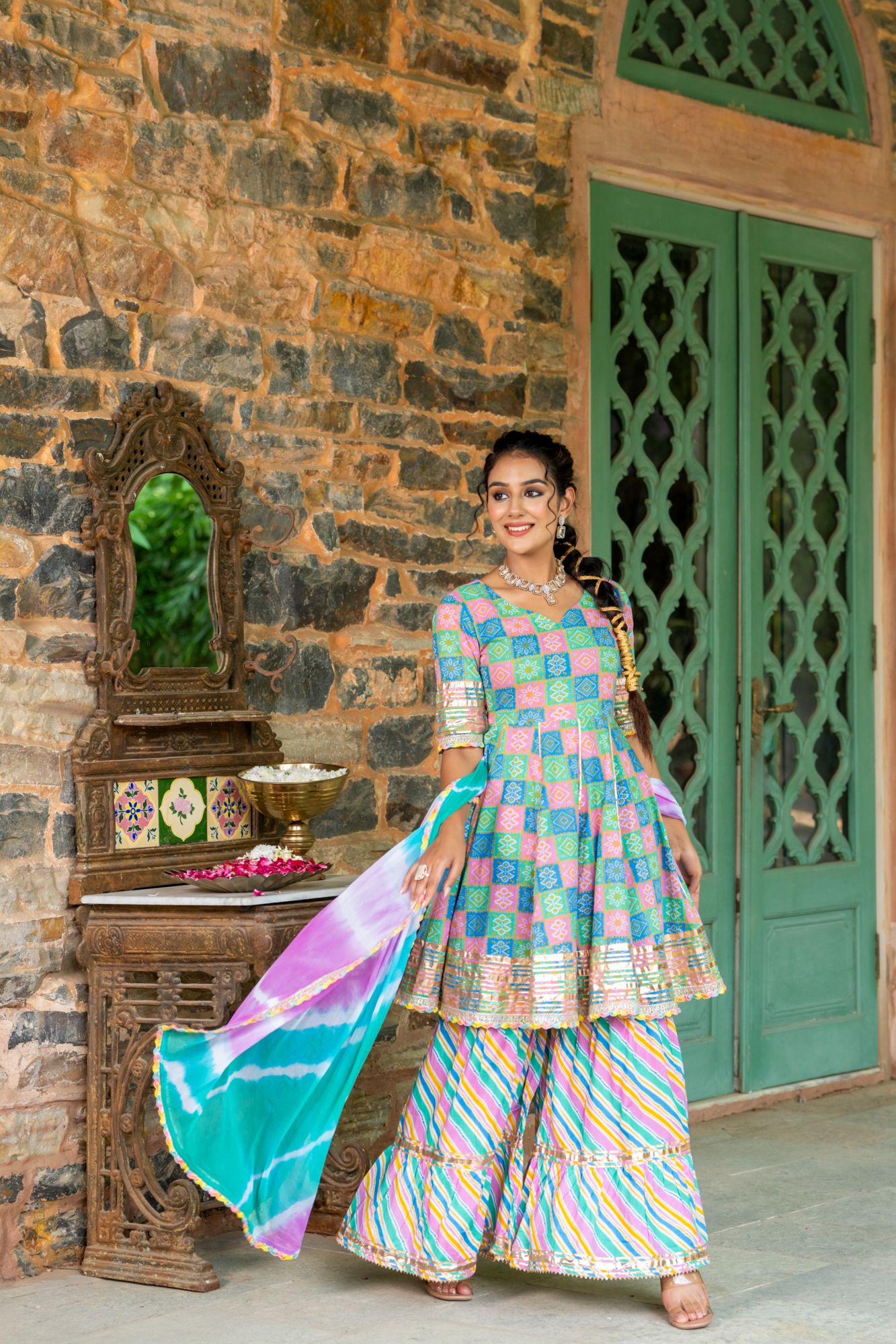 LUXE BLUE BANDHANI SHARARA SET