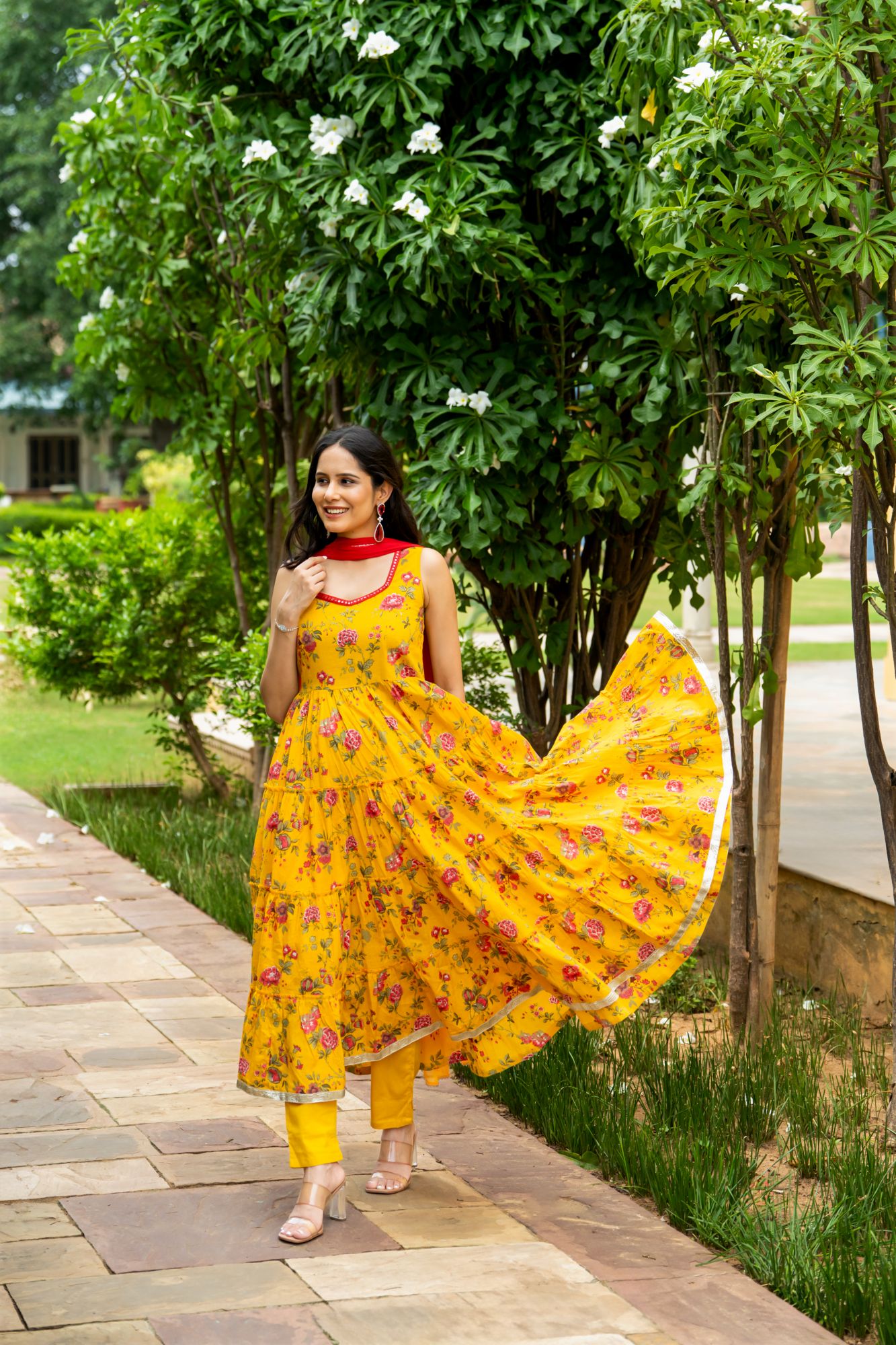 MUSTARD MIRROR BLOSSOM ANARKALI SET