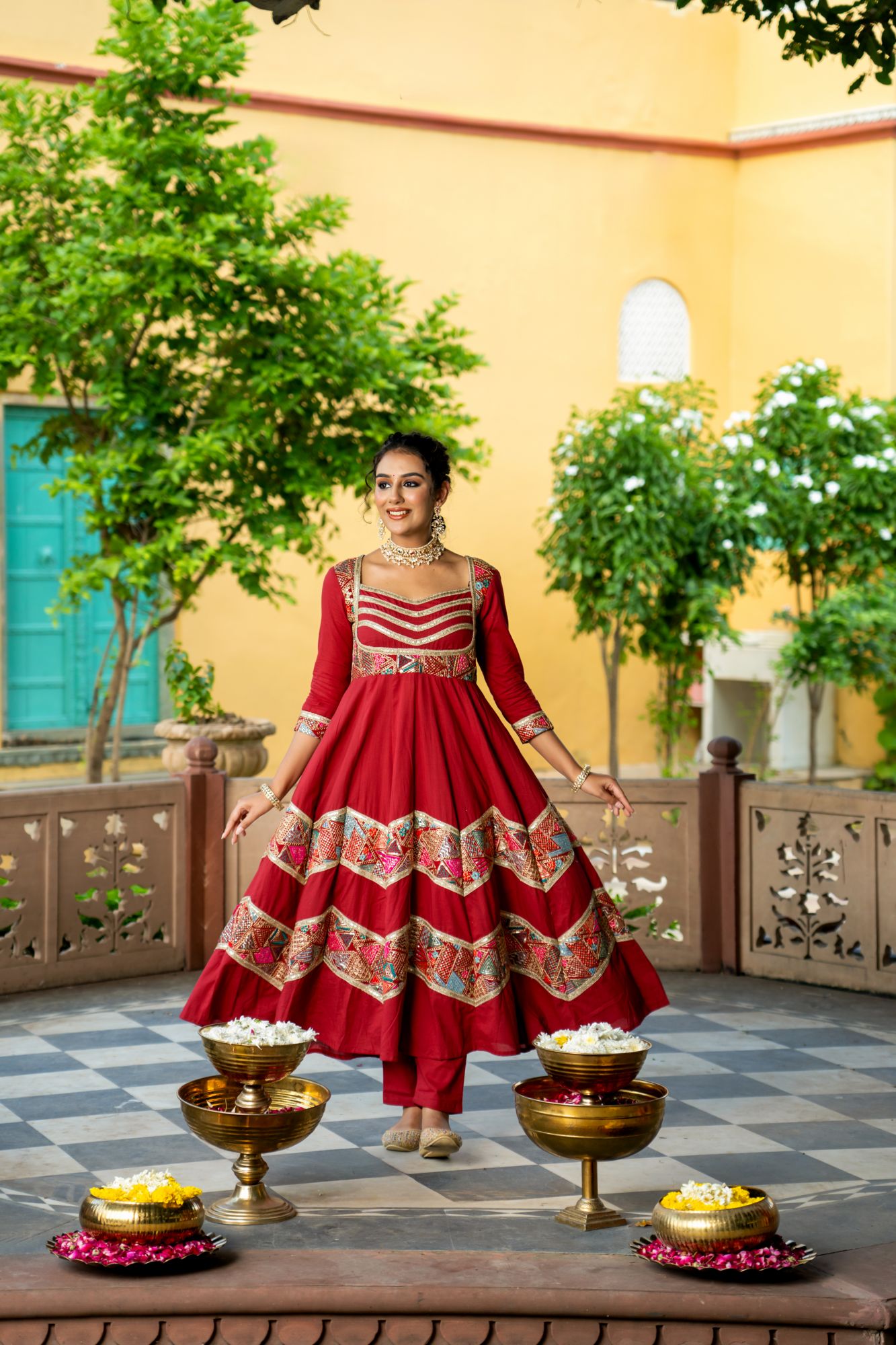 LUXE MAROON EMBROIDERED ANARKALI SUIT SET